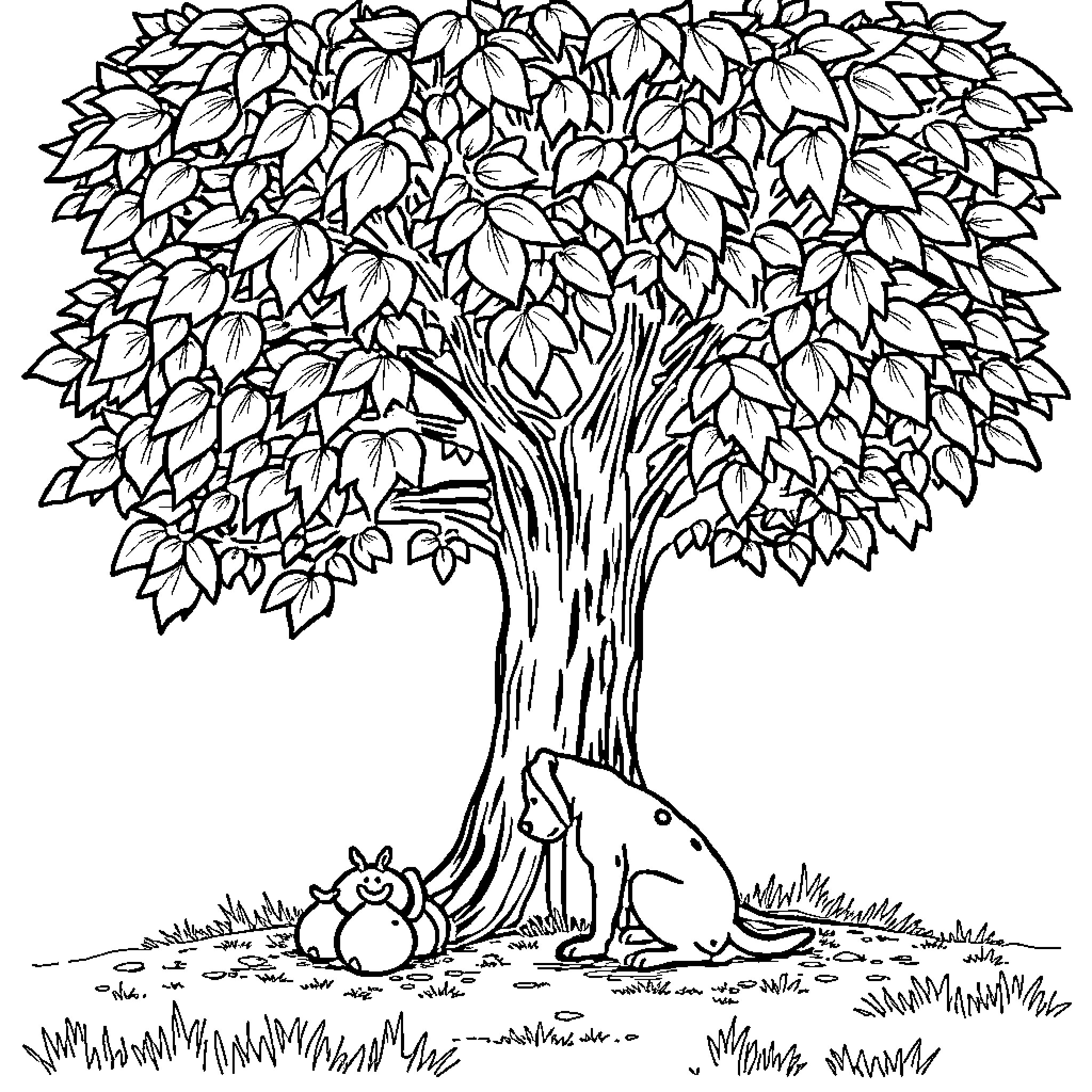 Dog resting under a leafy tree Coloring Page (free black-and-white line drawing printable PDF for all, from beginners to advanced learners, including children, teens, adults, and seniors)