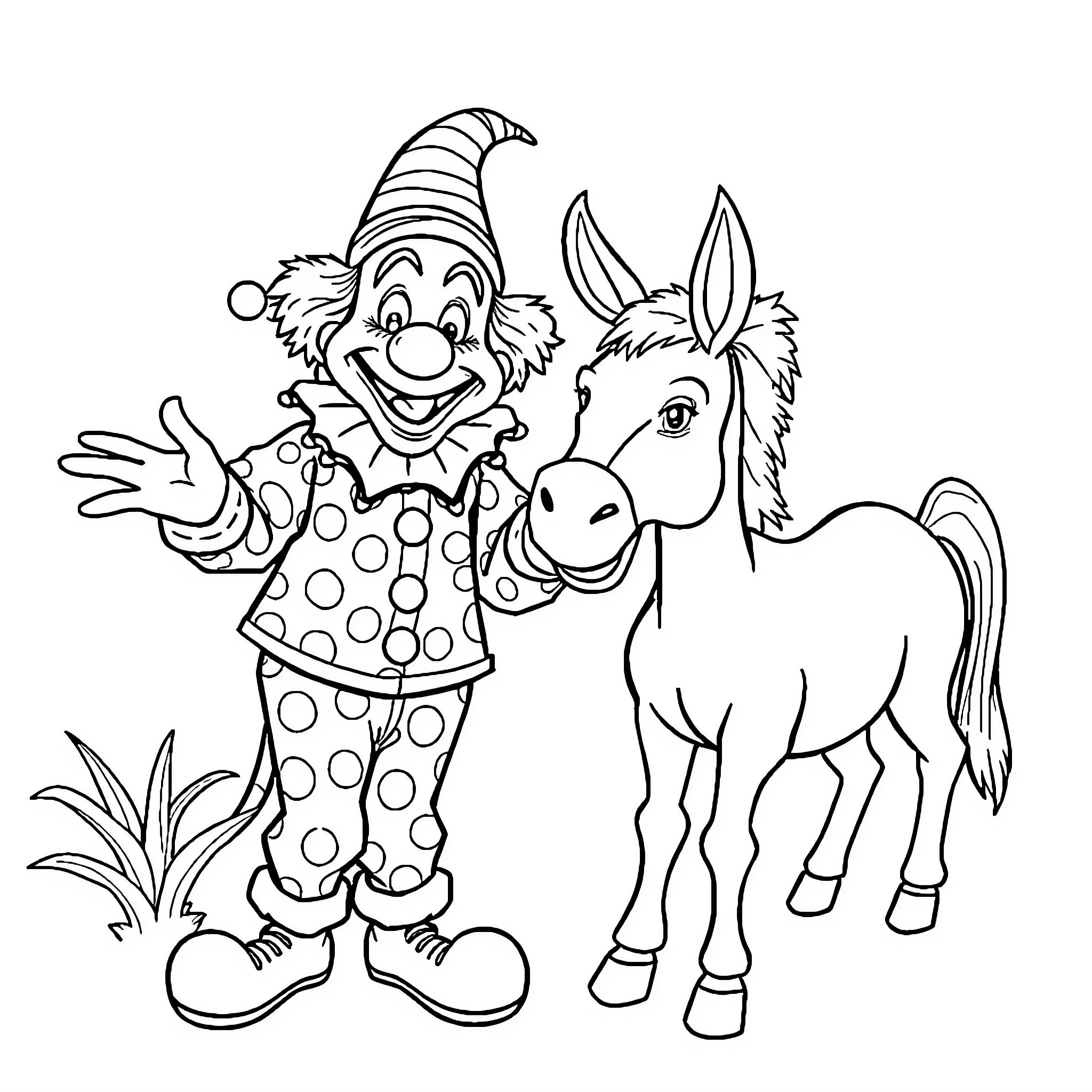 Clown entertaining with a smiling pony Coloring Page (free black-and-white line drawing printable PDF for all, from beginners to advanced learners, including children, teens, adults, and seniors)