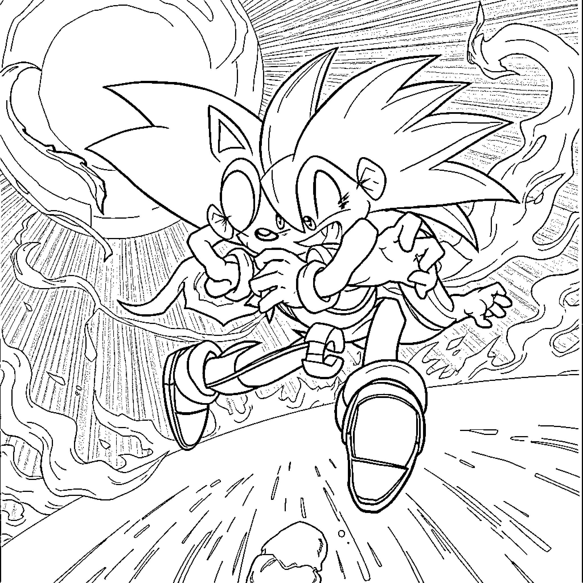 Sonic's electrifying speed and action in the scene Coloring Page (free black-and-white line drawing printable PDF for all, from beginners to advanced learners, including children, teens, adults, and seniors)