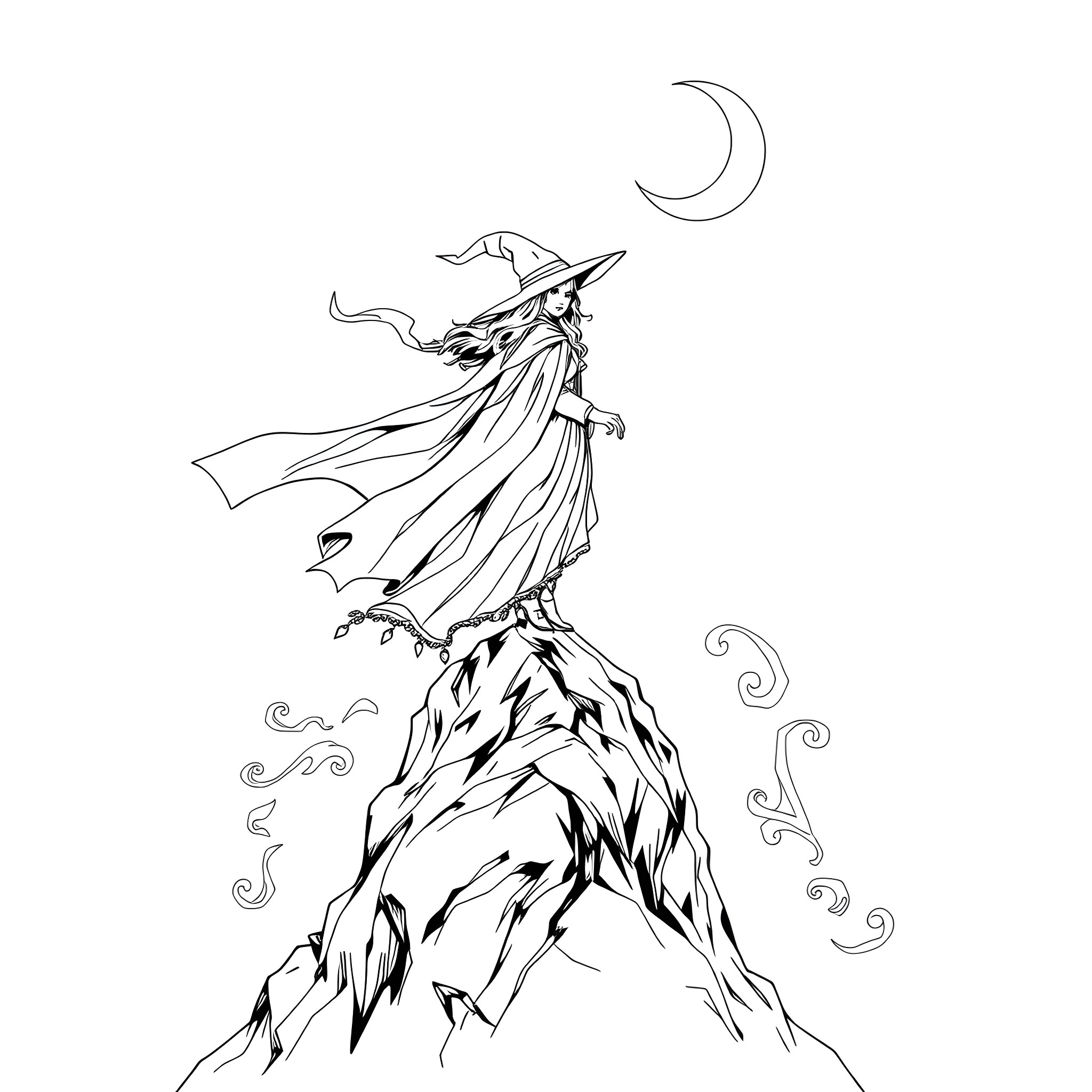 Wicked Witch Casting Spells on the Mountainous Landscape Coloring Page (free black-and-white line drawing printable PDF for all, from beginners to advanced learners, including children, teens, adults, and seniors)