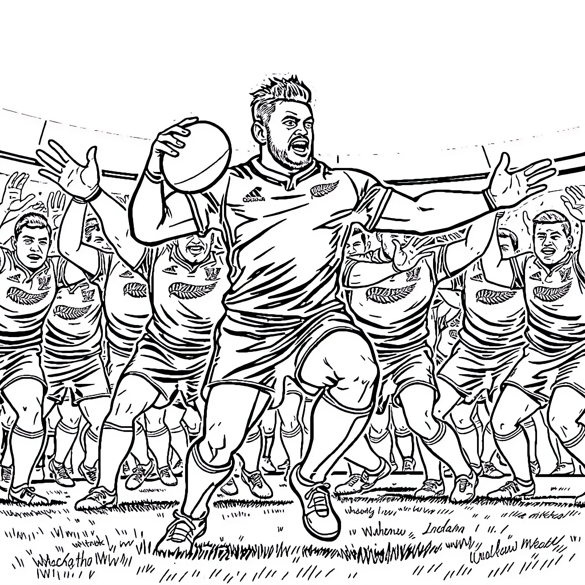 Rugby Player Celebrating Victory with Team Coloring Page (free black-and-white line drawing printable PDF for all, from beginners to advanced learners, including children, teens, adults, and seniors)