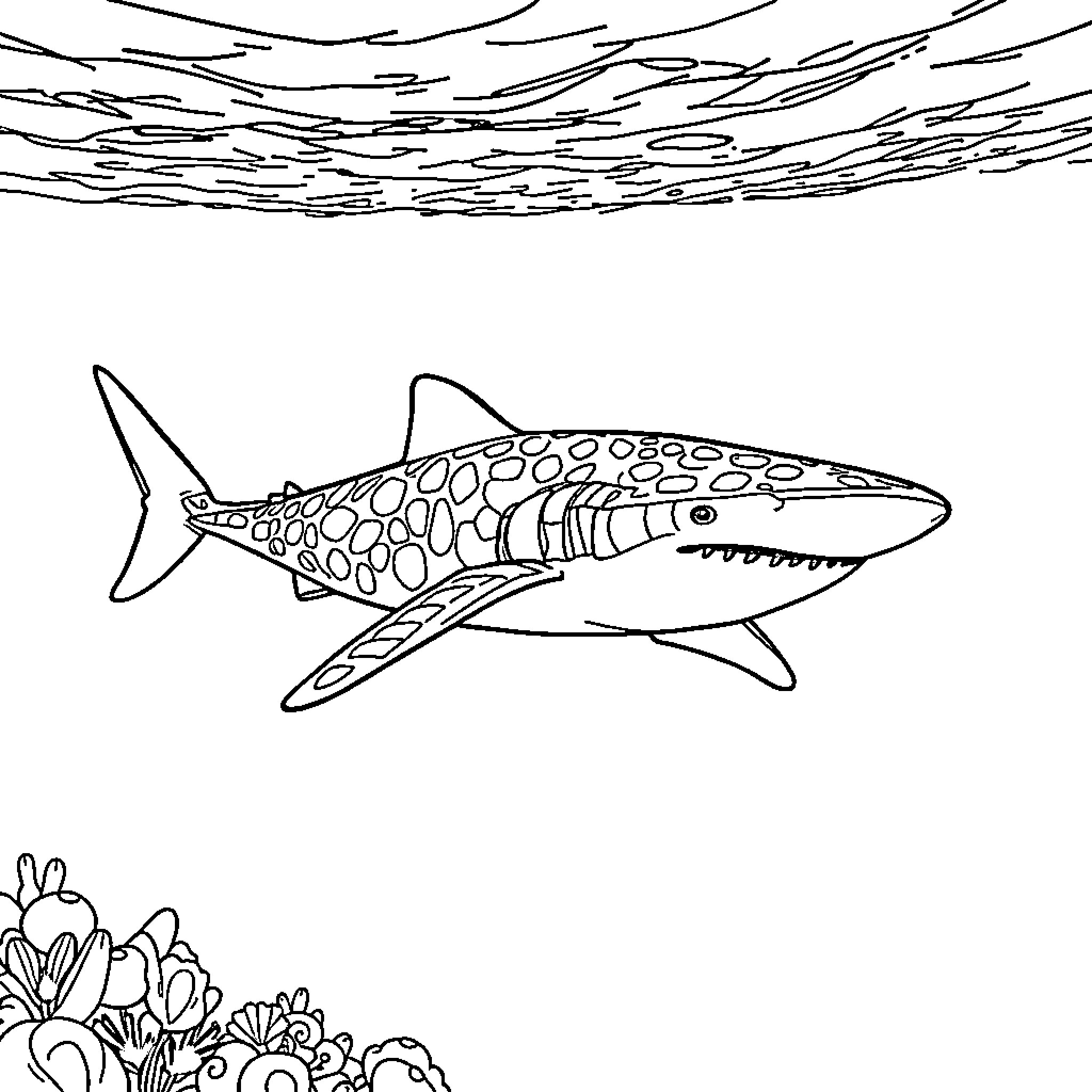 Whale Shark swimming in the ocean Coloring Page (free black-and-white line drawing printable PDF for all, from beginners to advanced learners, including children, teens, adults, and seniors)