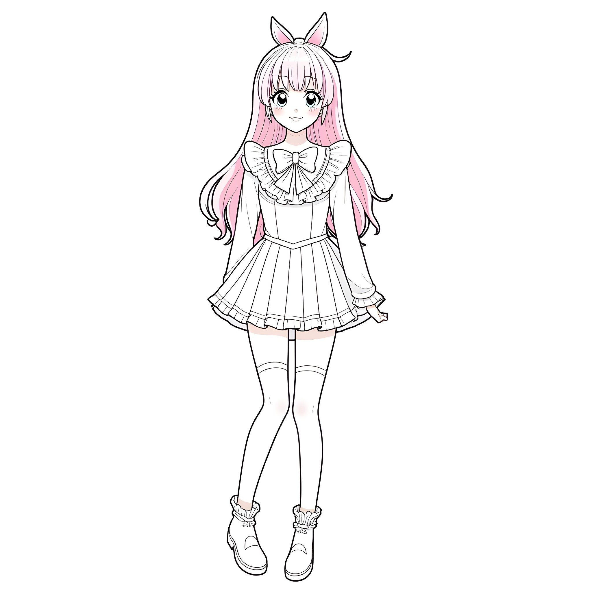 Madoka Kaname in Frilly Lolita-style Outfit Coloring Page (free black-and-white line drawing printable PDF for all, from beginners to advanced learners, including children, teens, adults, and seniors)