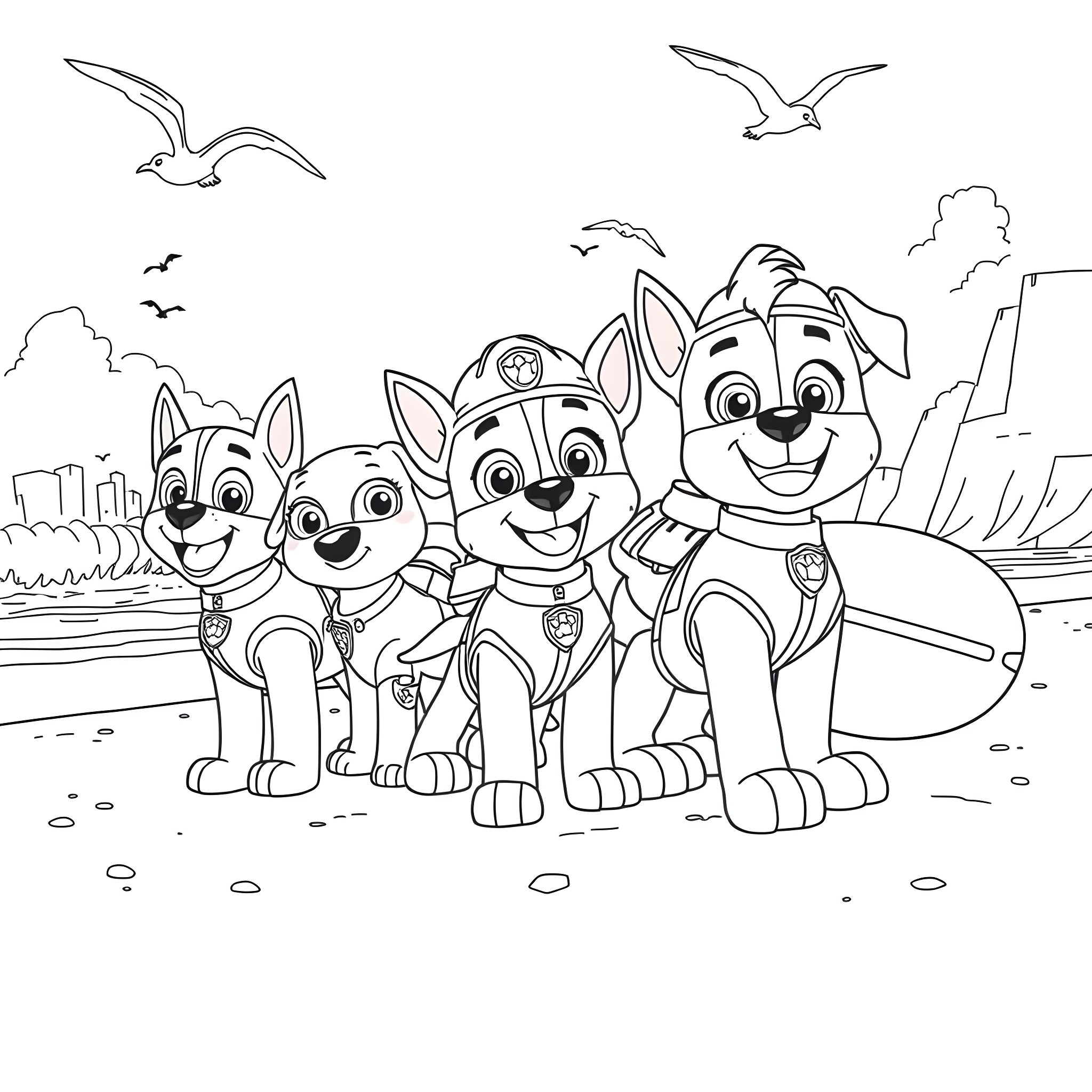 Paw Patrol puppies enjoying outdoor adventure Coloring Page (free black-and-white line drawing printable PDF for all, from beginners to advanced learners, including children, teens, adults, and seniors)