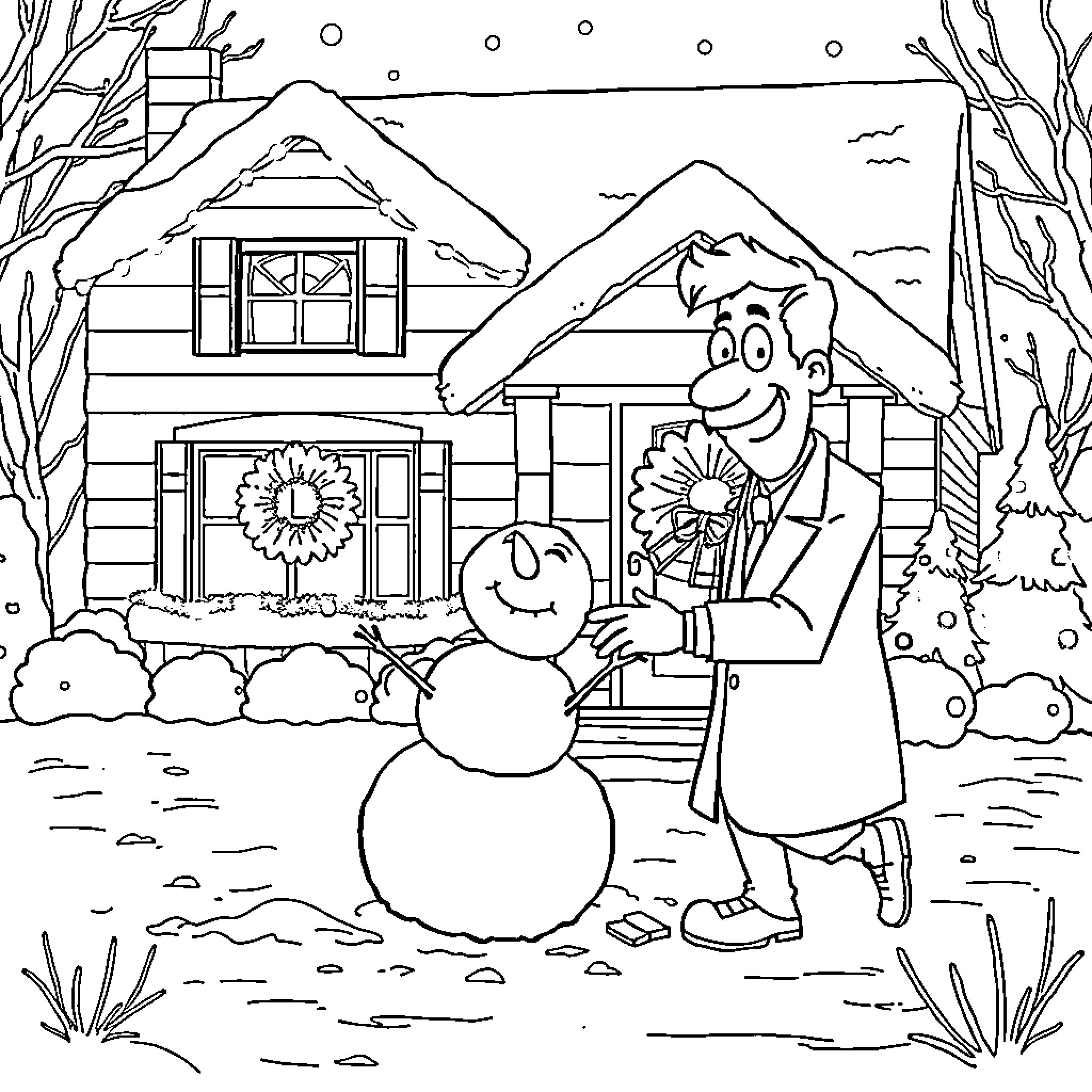 Bill Nye building a snowman in a winter wonderland Coloring Page (free black-and-white line drawing printable PDF for all, from beginners to advanced learners, including children, teens, adults, and seniors)
