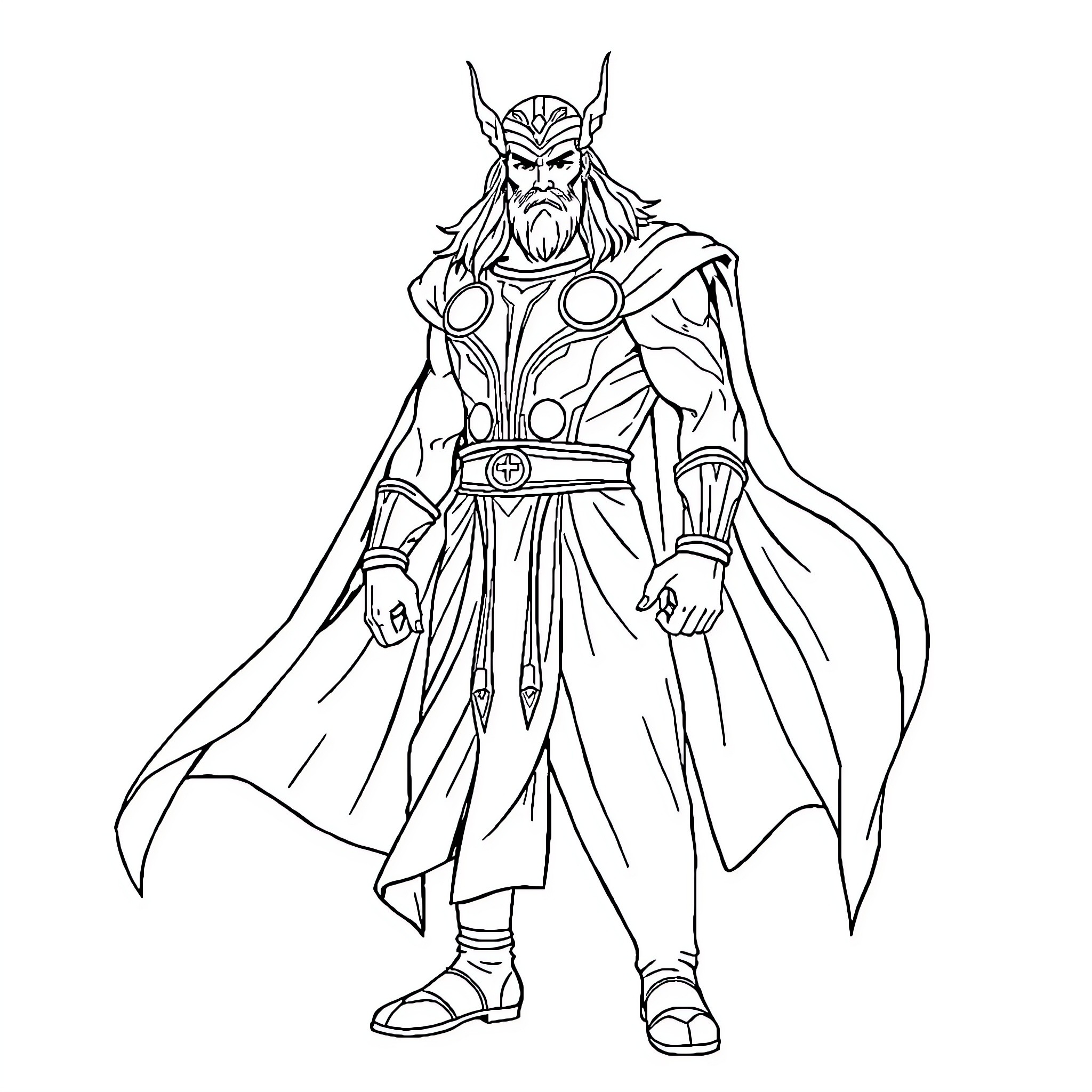 Thor in Heroic Warrior Pose Coloring Page (free black-and-white line drawing printable PDF for all, from beginners to advanced learners, including children, teens, adults, and seniors)