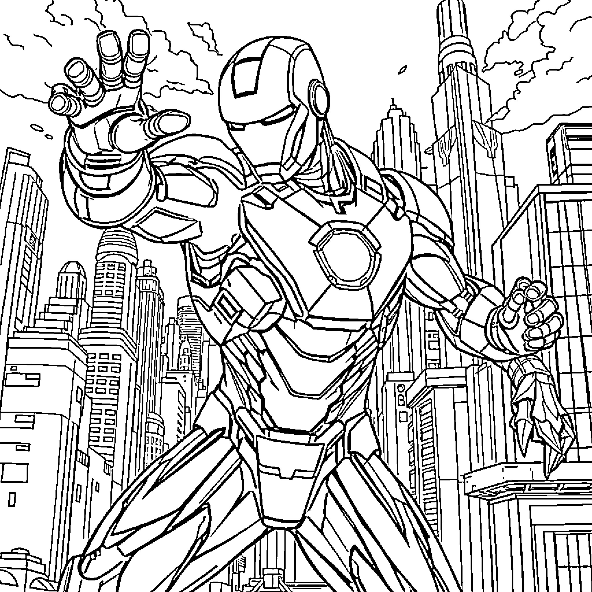 Colapinto's Futuristic Superhero in the Cityscape Coloring Page (free black-and-white line drawing printable PDF for all, from beginners to advanced learners, including children, teens, adults, and seniors)