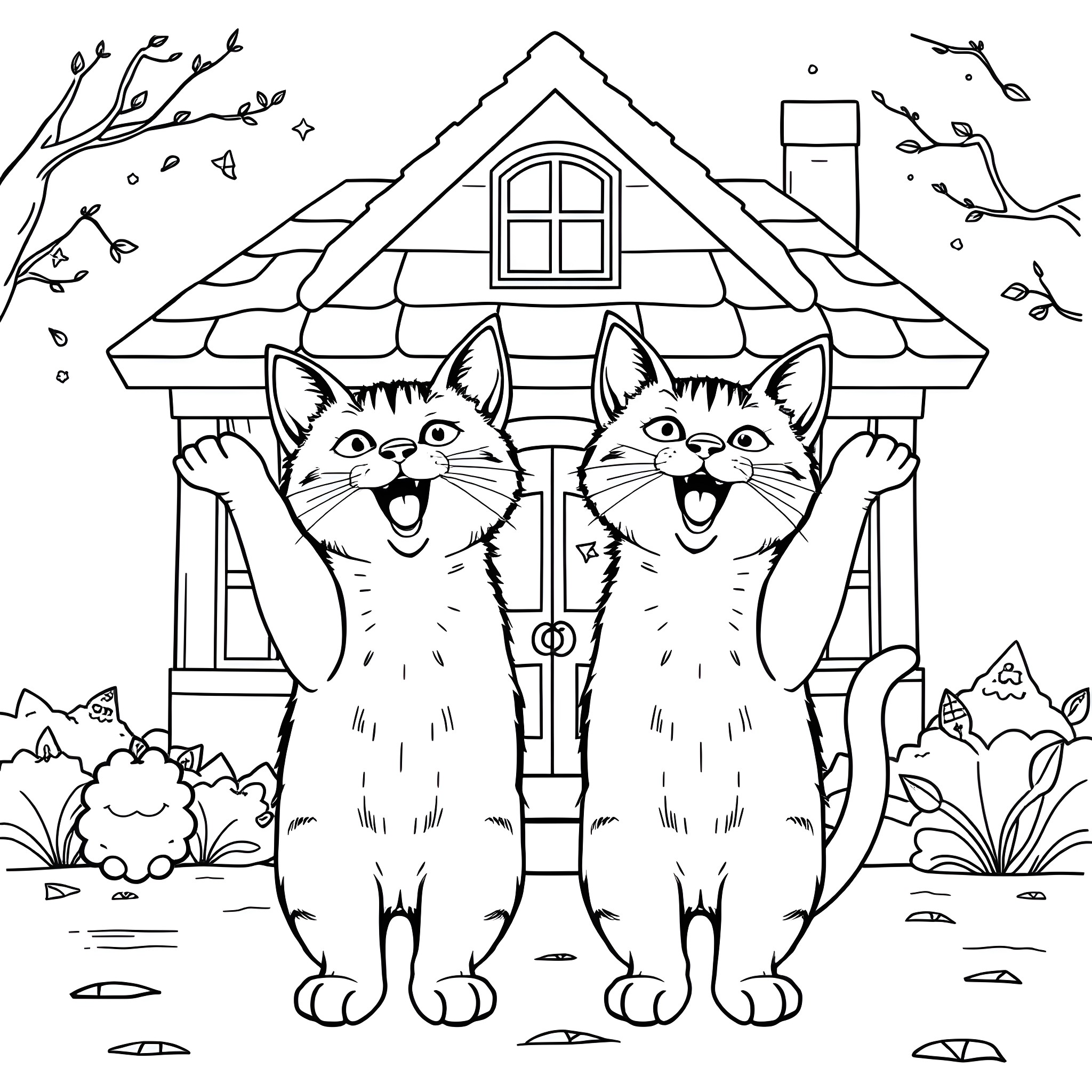 Cats playing outside their cozy cottage Coloring Page (free black-and-white line drawing printable PDF for all, from beginners to advanced learners, including children, teens, adults, and seniors)
