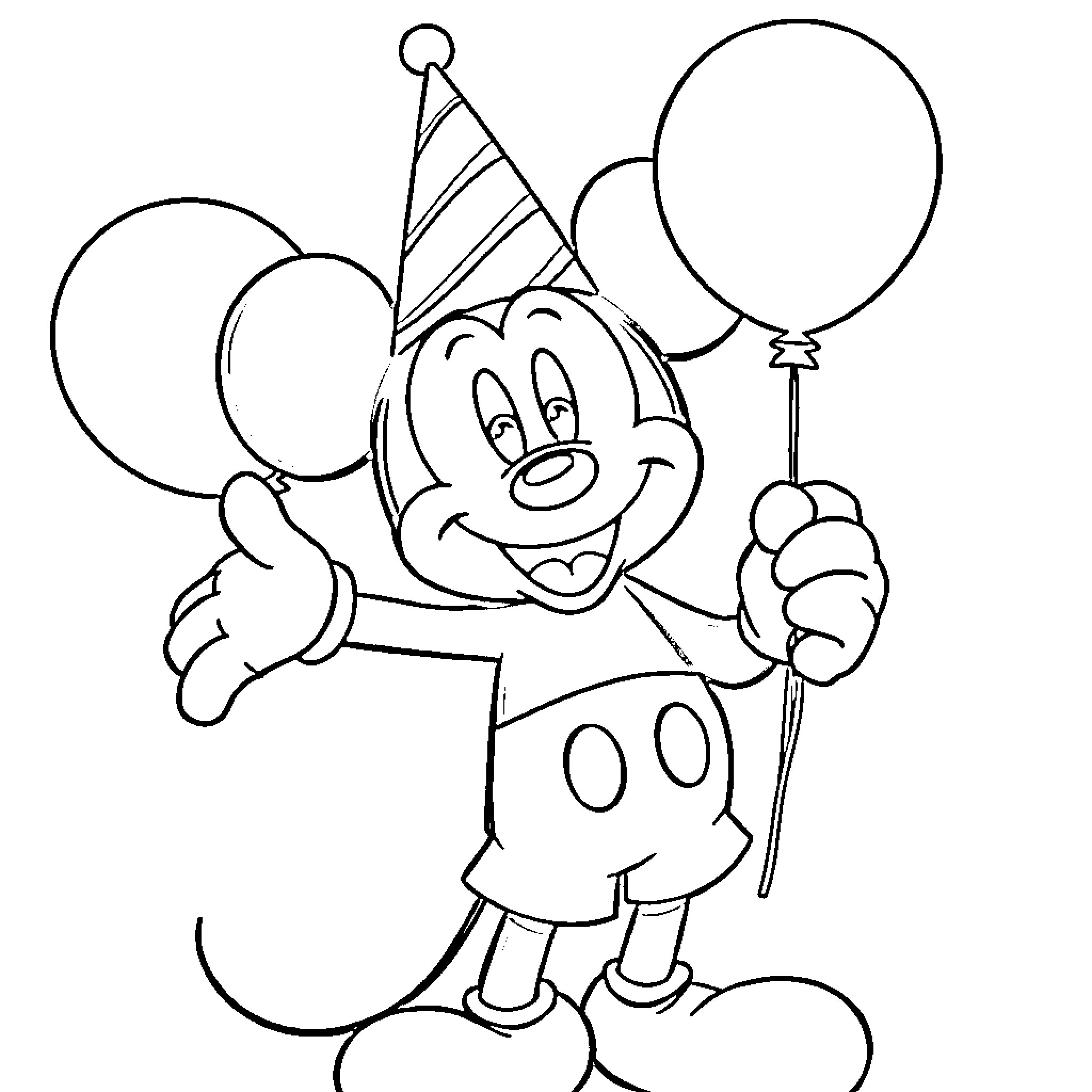 Mickey Mouse celebrating with balloons Coloring Page (free black-and-white line drawing printable PDF for all, from beginners to advanced learners, including children, teens, adults, and seniors)