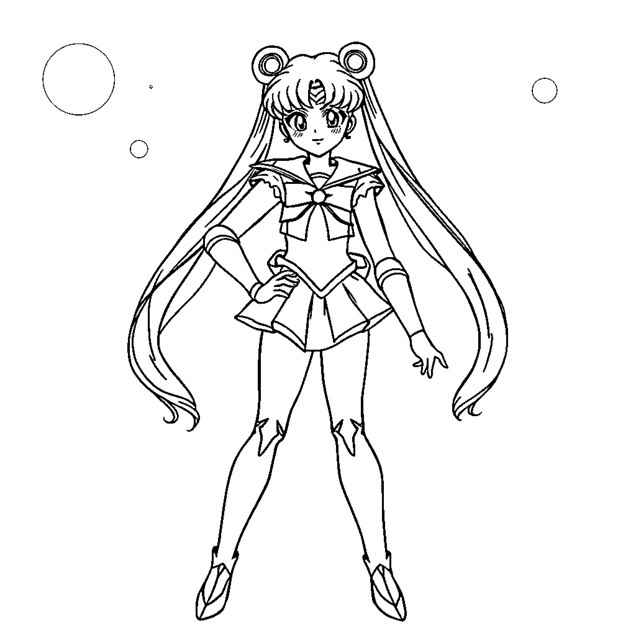 Sailor Moon in a Sailor Scout Pose Coloring Page (free black-and-white line drawing printable PDF for all, from beginners to advanced learners, including children, teens, adults, and seniors)