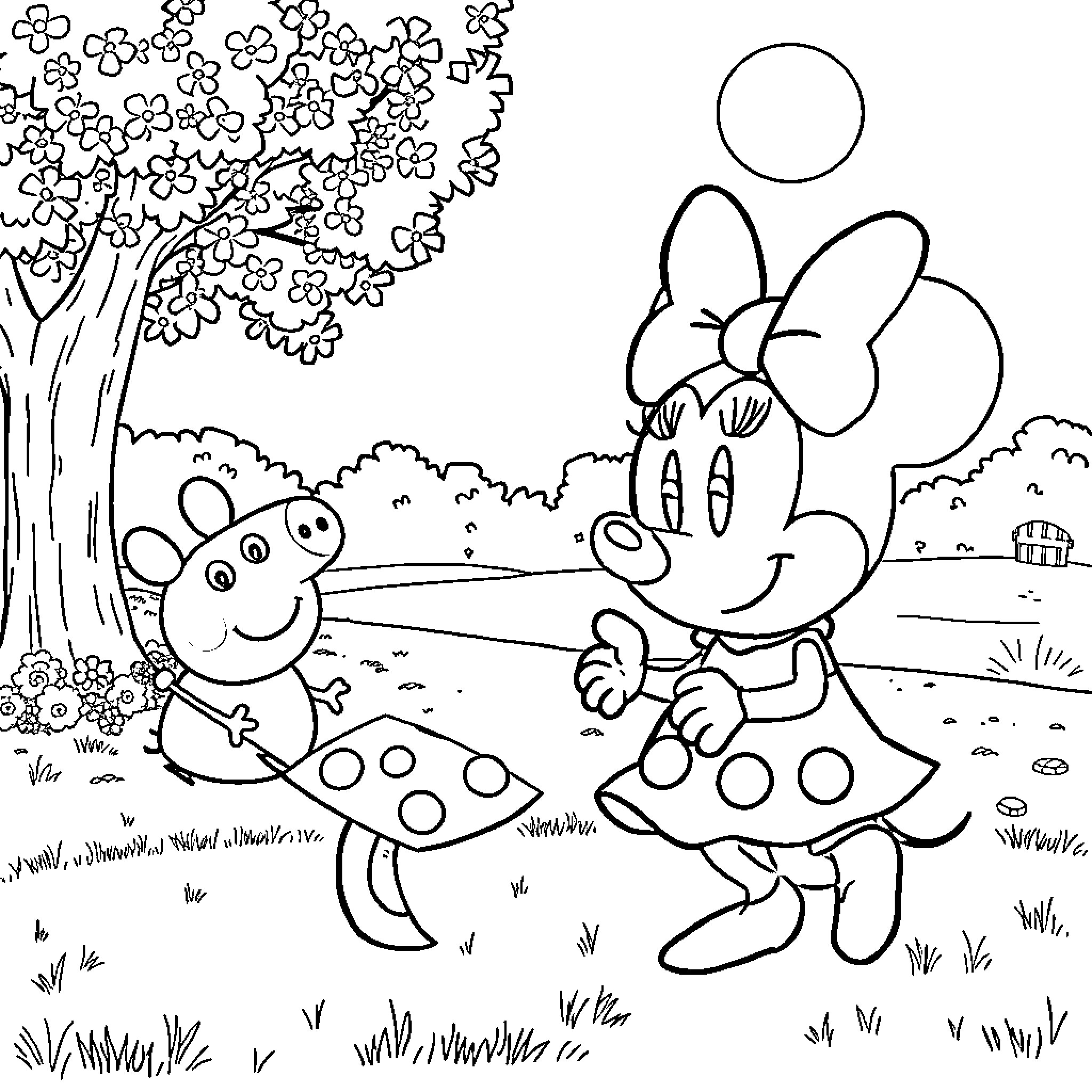 Minnie's Playful Garden Adventure Coloring Page (free black-and-white line drawing printable PDF for all, from beginners to advanced learners, including children, teens, adults, and seniors)