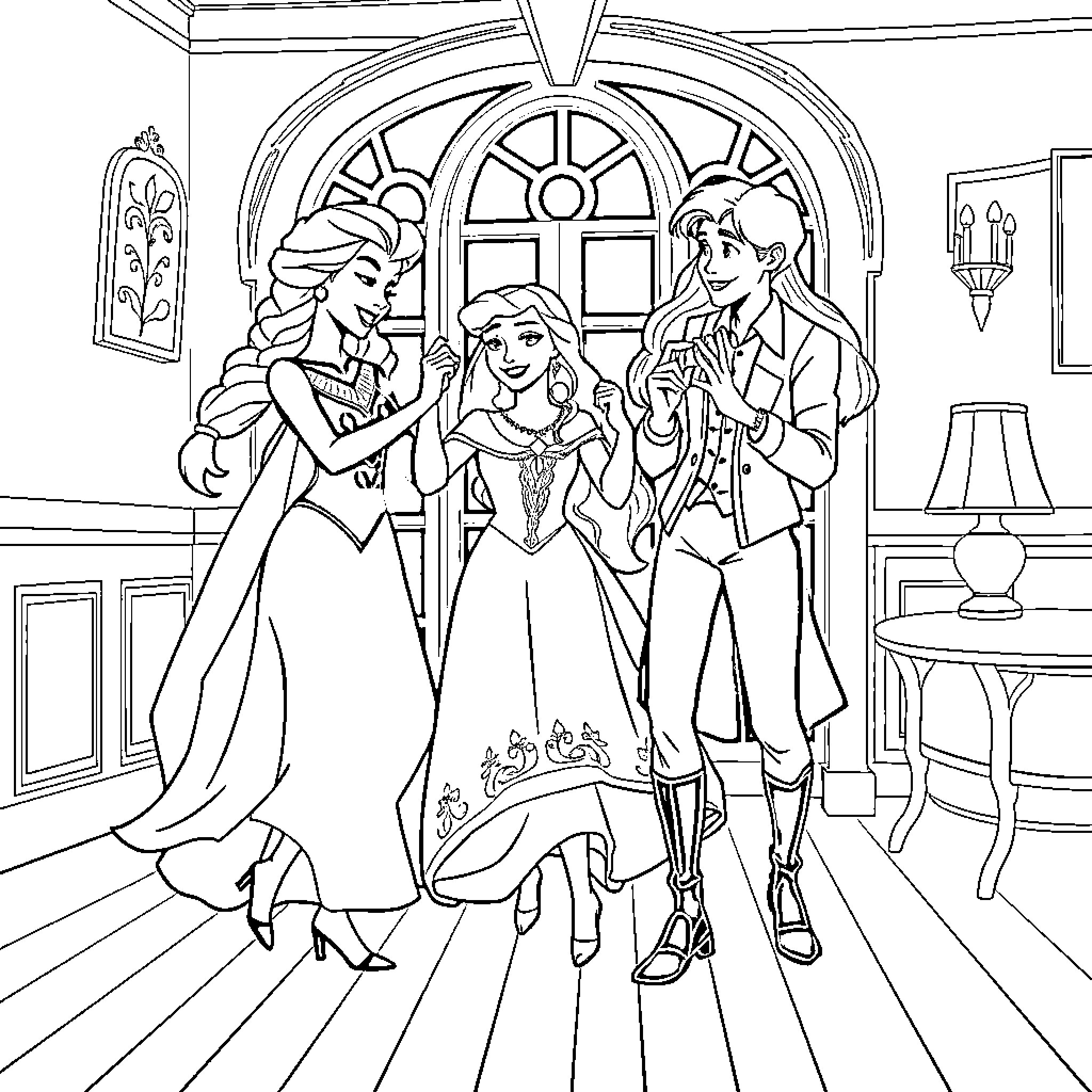Elsa and friends dancing together in a grand room Coloring Page (free black-and-white line drawing printable PDF for all, from beginners to advanced learners, including children, teens, adults, and seniors)