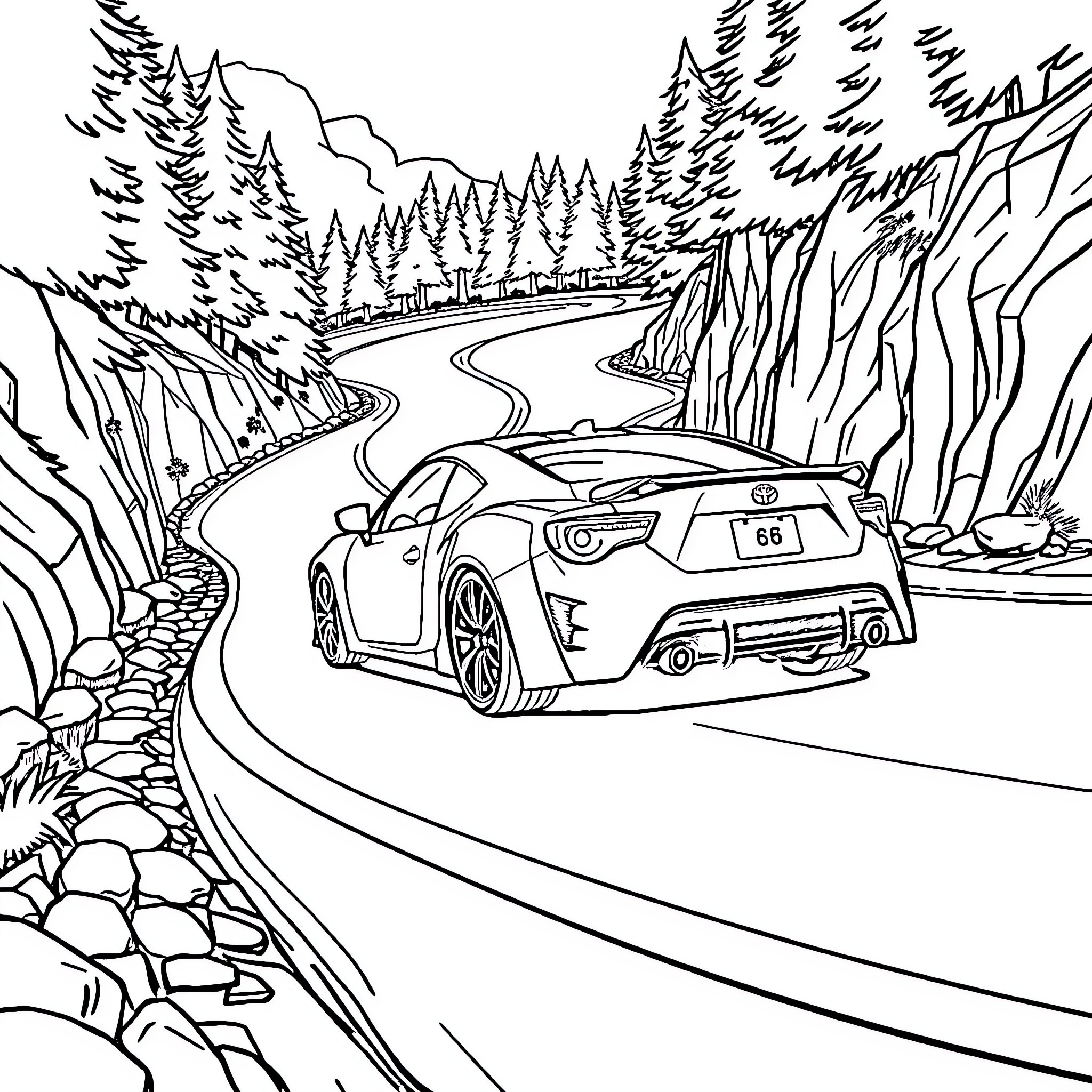 Toyota 86 driving through scenic mountain road Coloring Page (free black-and-white line drawing printable PDF for all, from beginners to advanced learners, including children, teens, adults, and seniors)