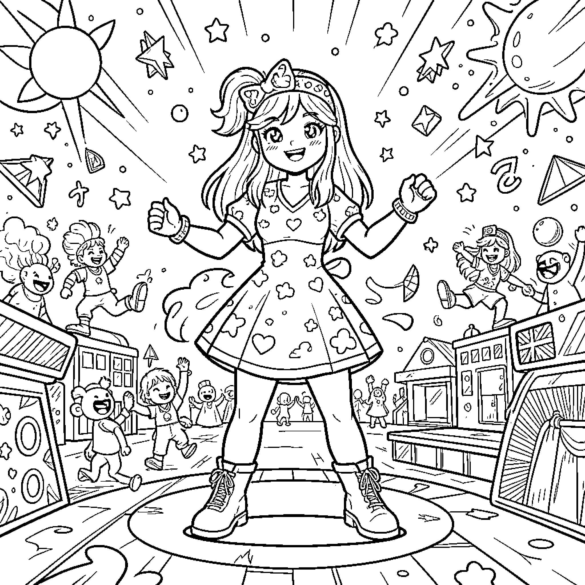 Pomni celebrating joyfully with friends in a whimsical scene Coloring Page (free black-and-white line drawing printable PDF for all, from beginners to advanced learners, including children, teens, adults, and seniors)