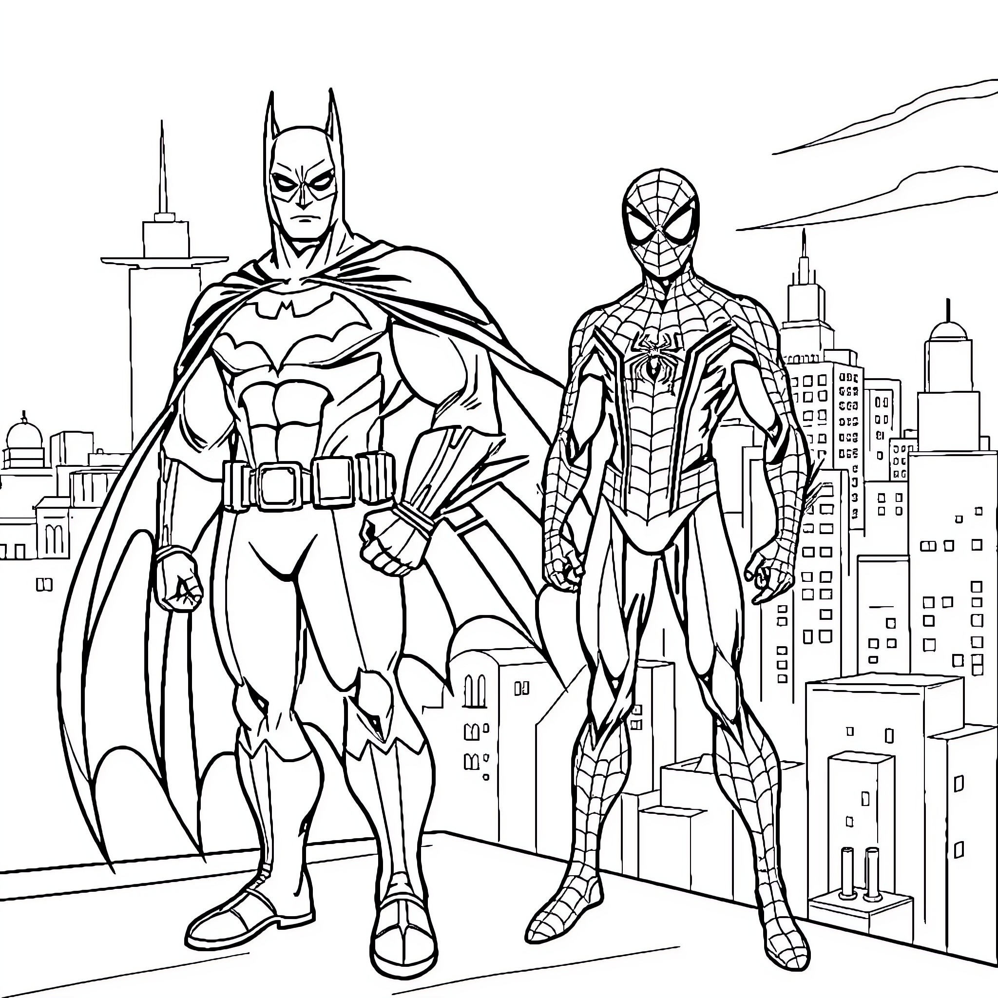 Batman and Spider-Man hero duo in city scene Coloring Page (free black-and-white line drawing printable PDF for all, from beginners to advanced learners, including children, teens, adults, and seniors)