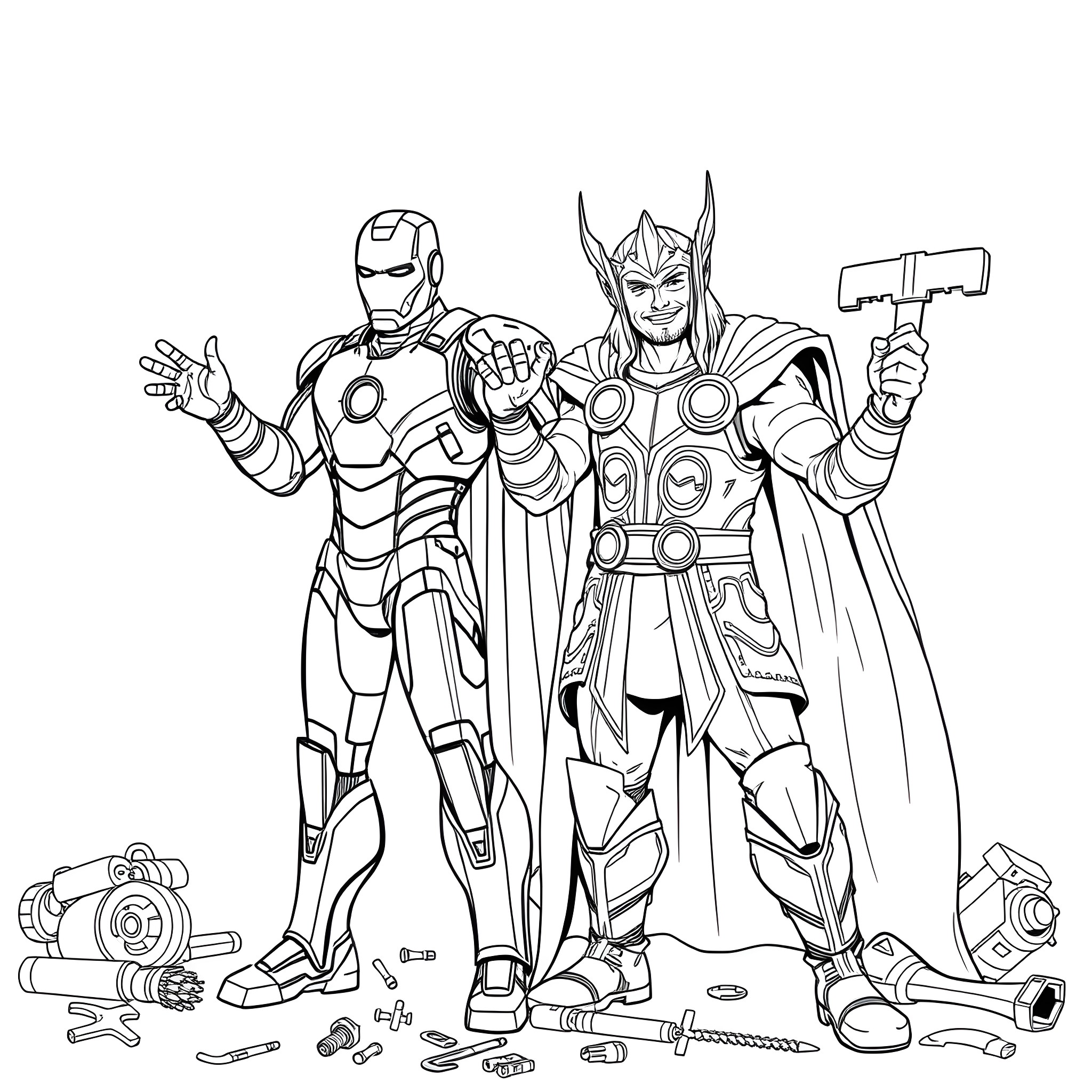 Iron Man and Thor ready for heroic action Coloring Page (free black-and-white line drawing printable PDF for all, from beginners to advanced learners, including children, teens, adults, and seniors)