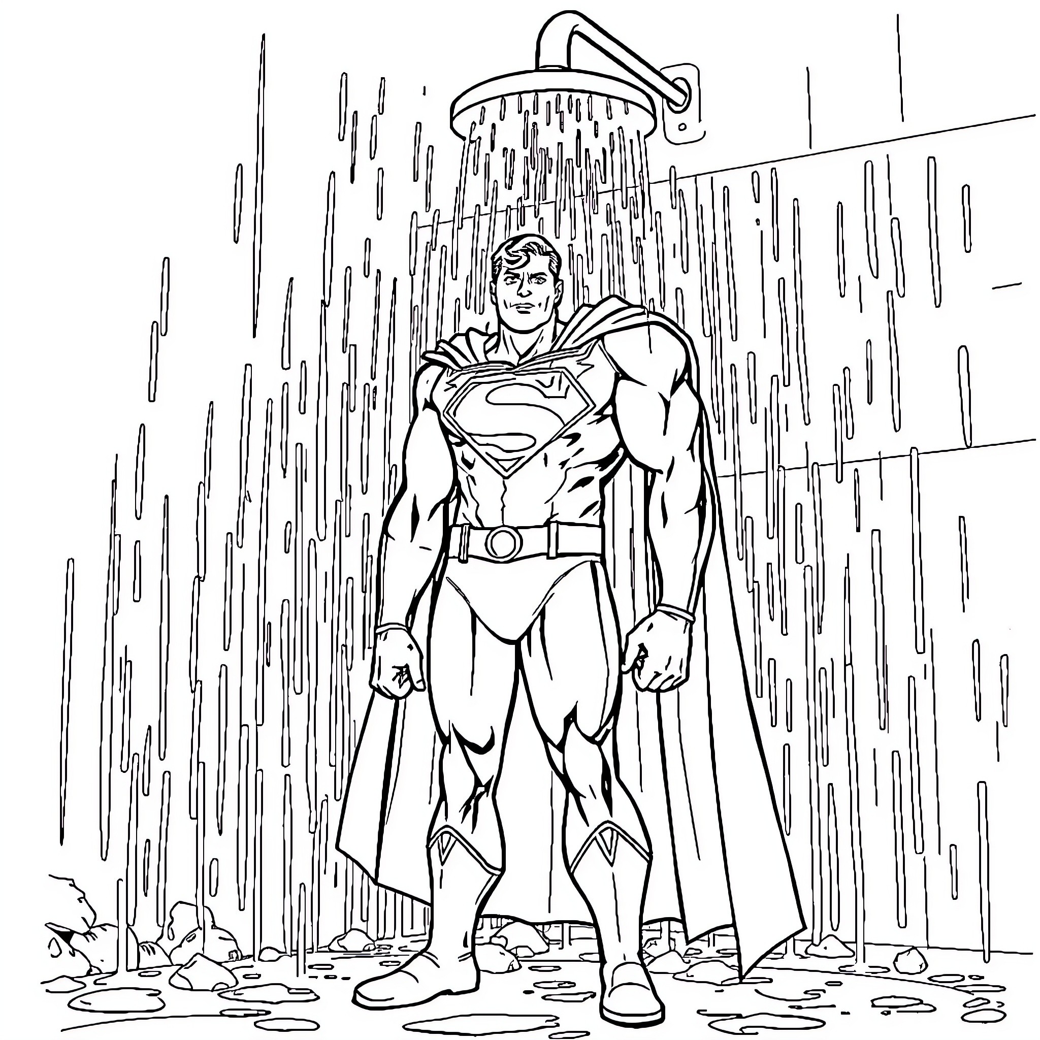 Superman's Powerful Shower Under Raging Downpour Coloring Page (free black-and-white line drawing printable PDF for all, from beginners to advanced learners, including children, teens, adults, and seniors)