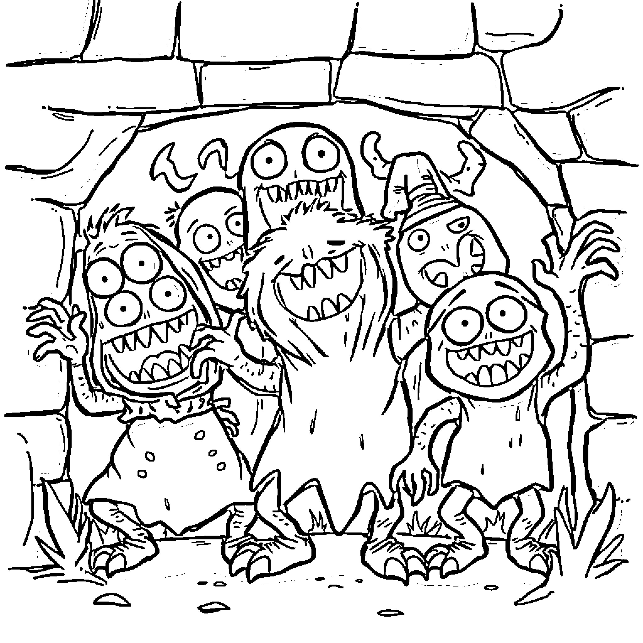 Monster creatures gathering in eerie environment Coloring Page (free black-and-white line drawing printable PDF for all, from beginners to advanced learners, including children, teens, adults, and seniors)