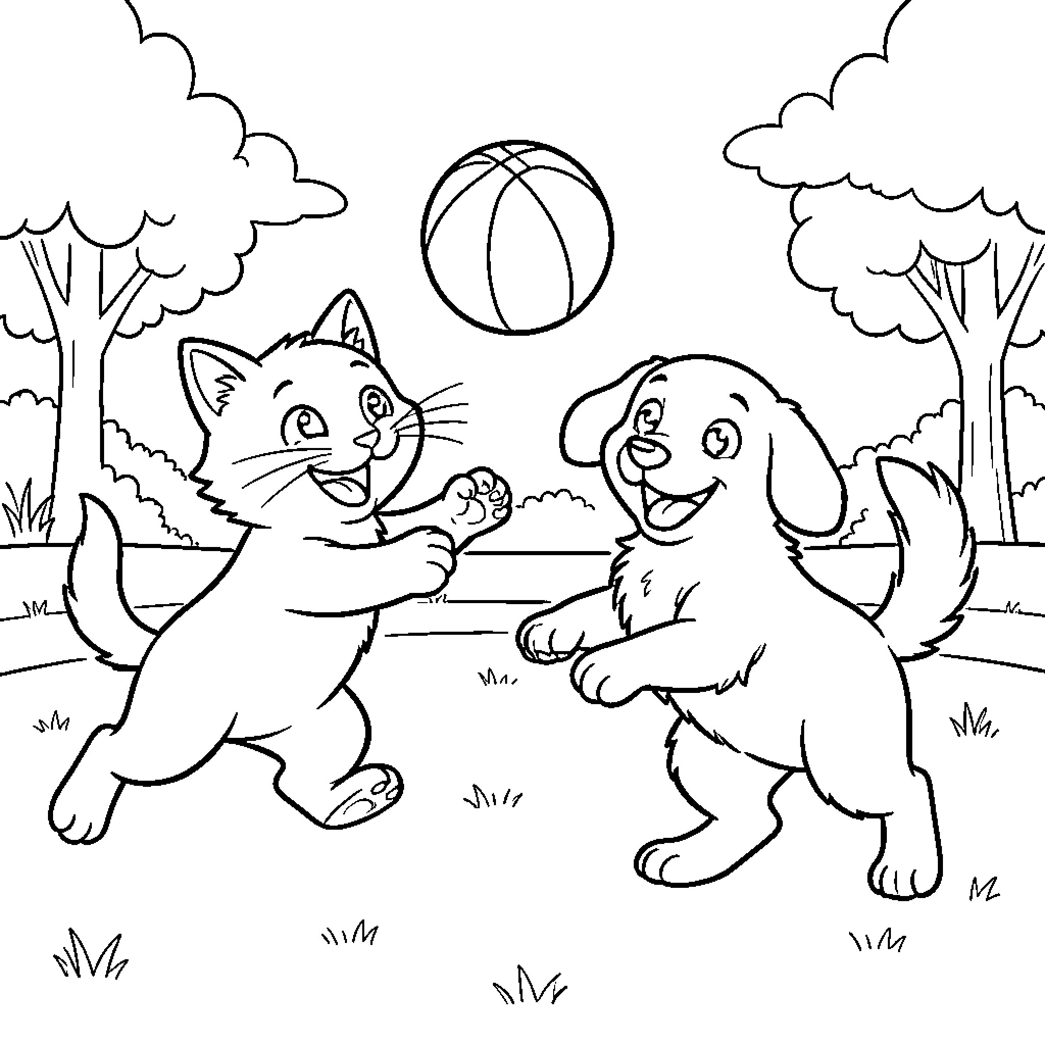 Chat et Chien playing joyfully with a ball Coloring Page (free black-and-white line drawing printable PDF for all, from beginners to advanced learners, including children, teens, adults, and seniors)