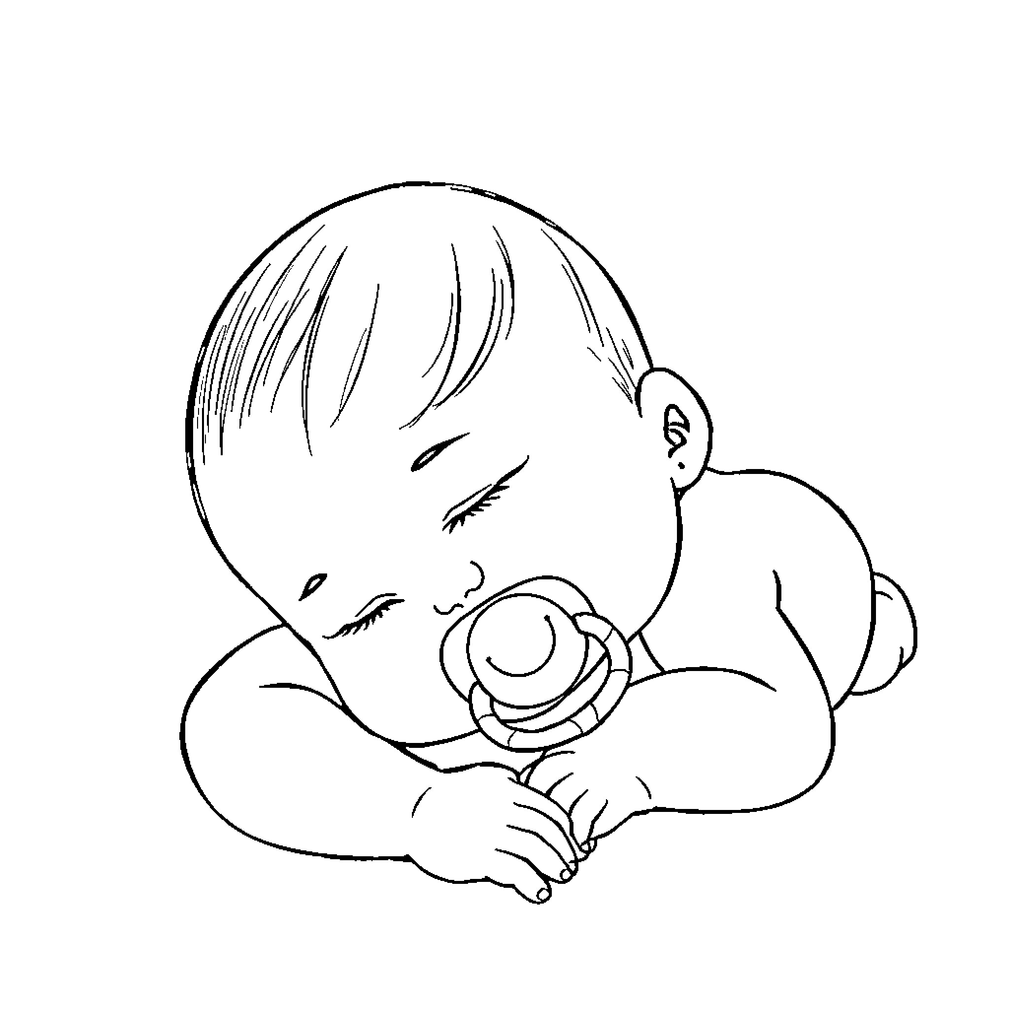 Baby sleeping peacefully with pacifier Coloring Page (free black-and-white line drawing printable PDF for all, from beginners to advanced learners, including children, teens, adults, and seniors)