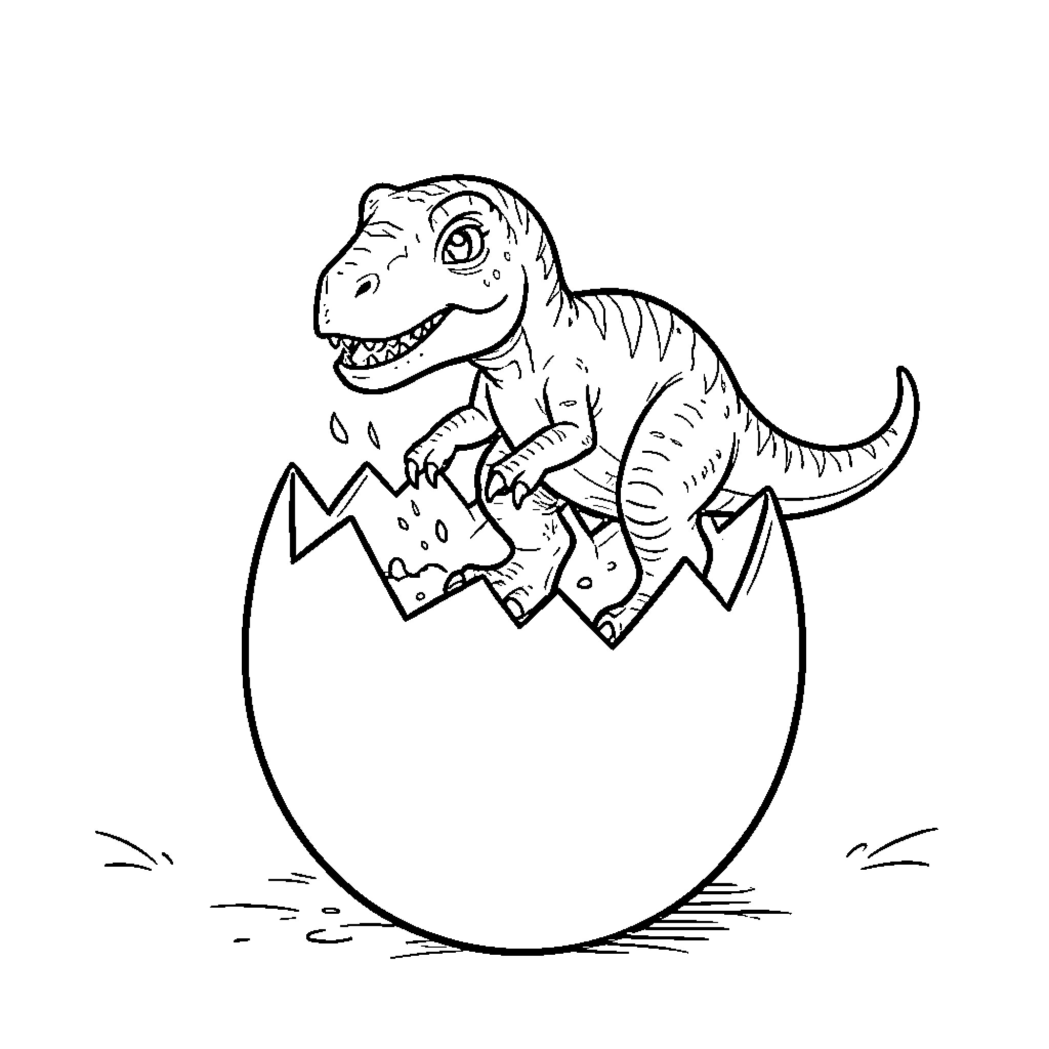 Dinosaur hatching from a broken eggshell Coloring Page (free black-and-white line drawing printable PDF for all, from beginners to advanced learners, including children, teens, adults, and seniors)