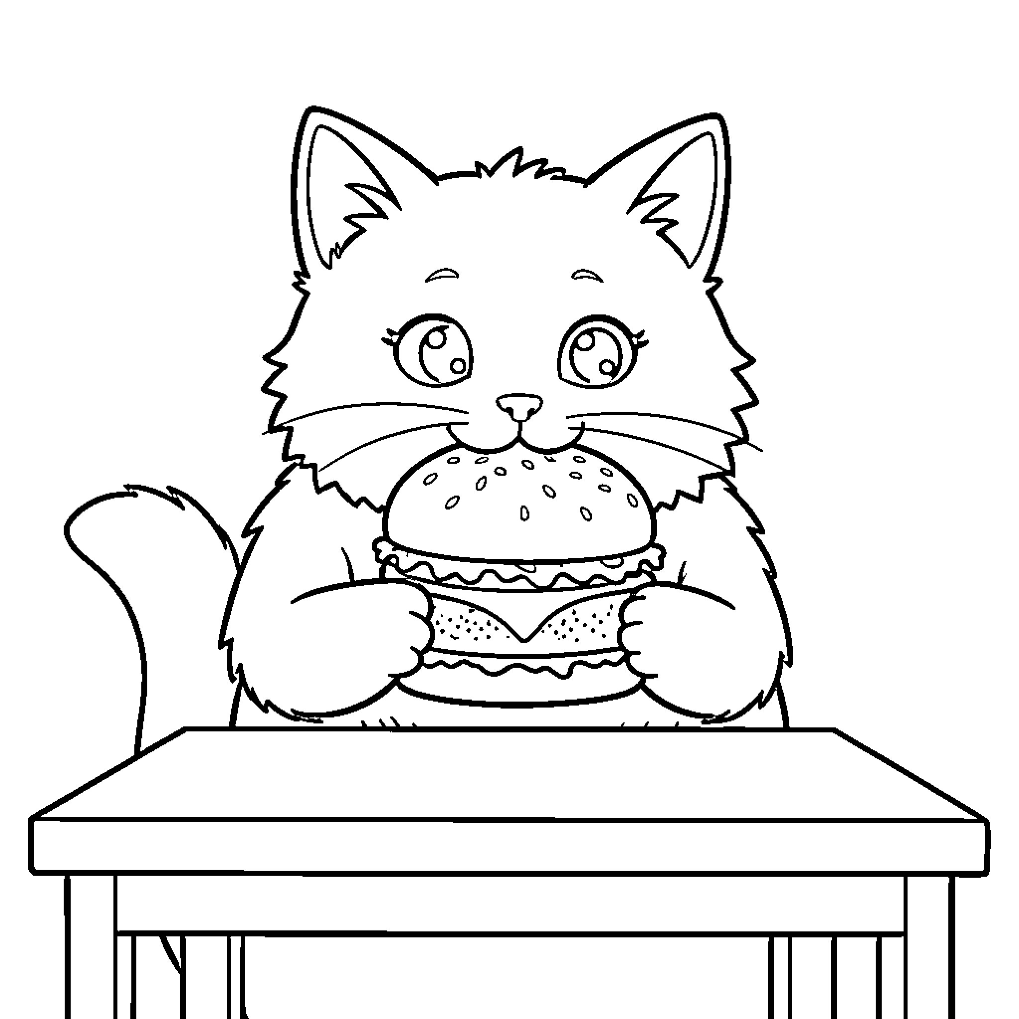 Cat enjoying a tasty burger Coloring Page (free black-and-white line drawing printable PDF for all, from beginners to advanced learners, including children, teens, adults, and seniors)