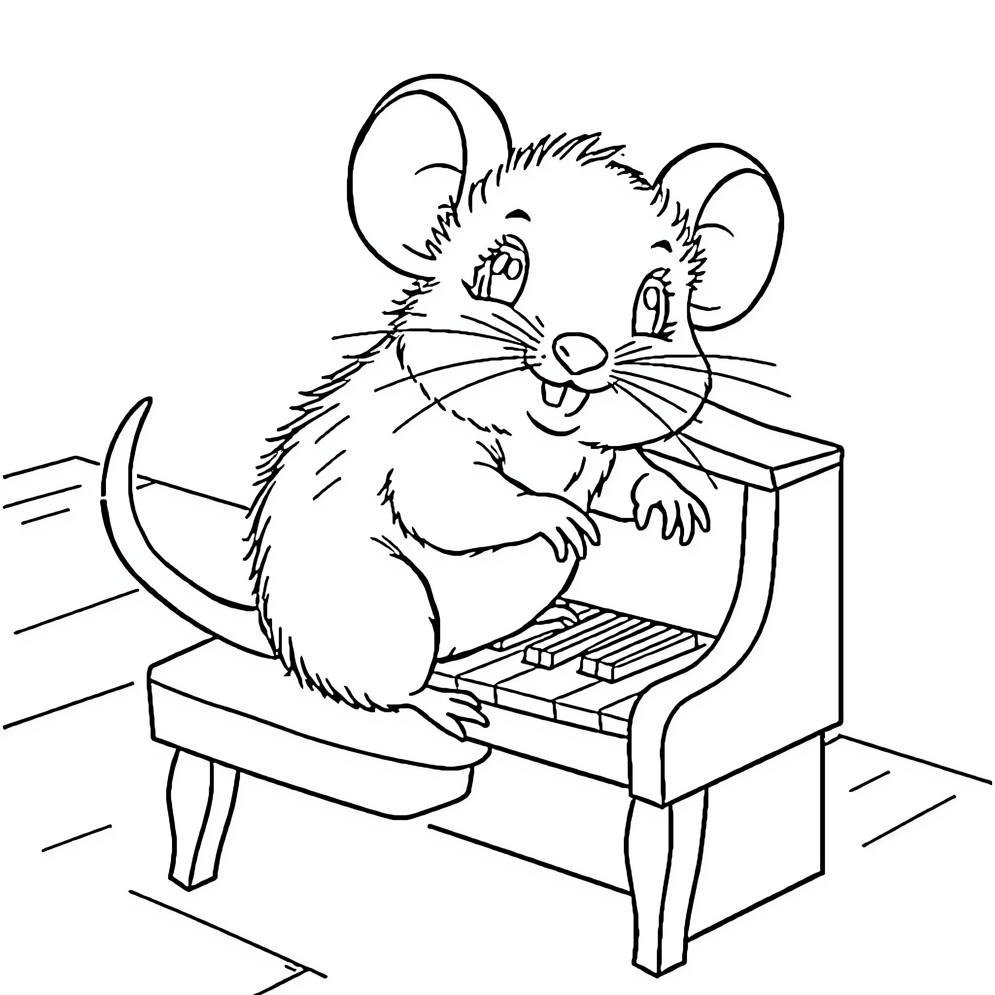 Mouse playing happily on a keyboard Coloring Page (free black-and-white line drawing printable PDF for all, from beginners to advanced learners, including children, teens, adults, and seniors)