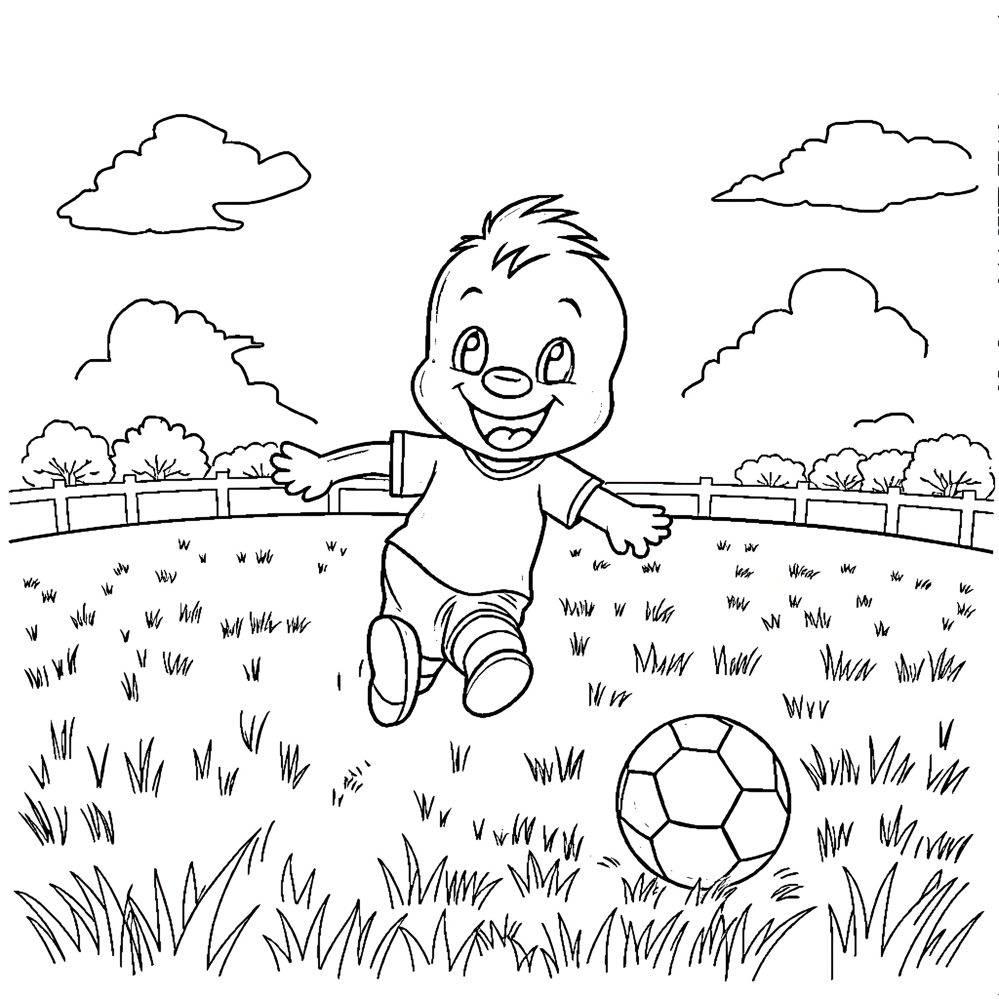 Bluey playing with a soccer ball in the park Coloring Page (free black-and-white line drawing printable PDF for all, from beginners to advanced learners, including children, teens, adults, and seniors)