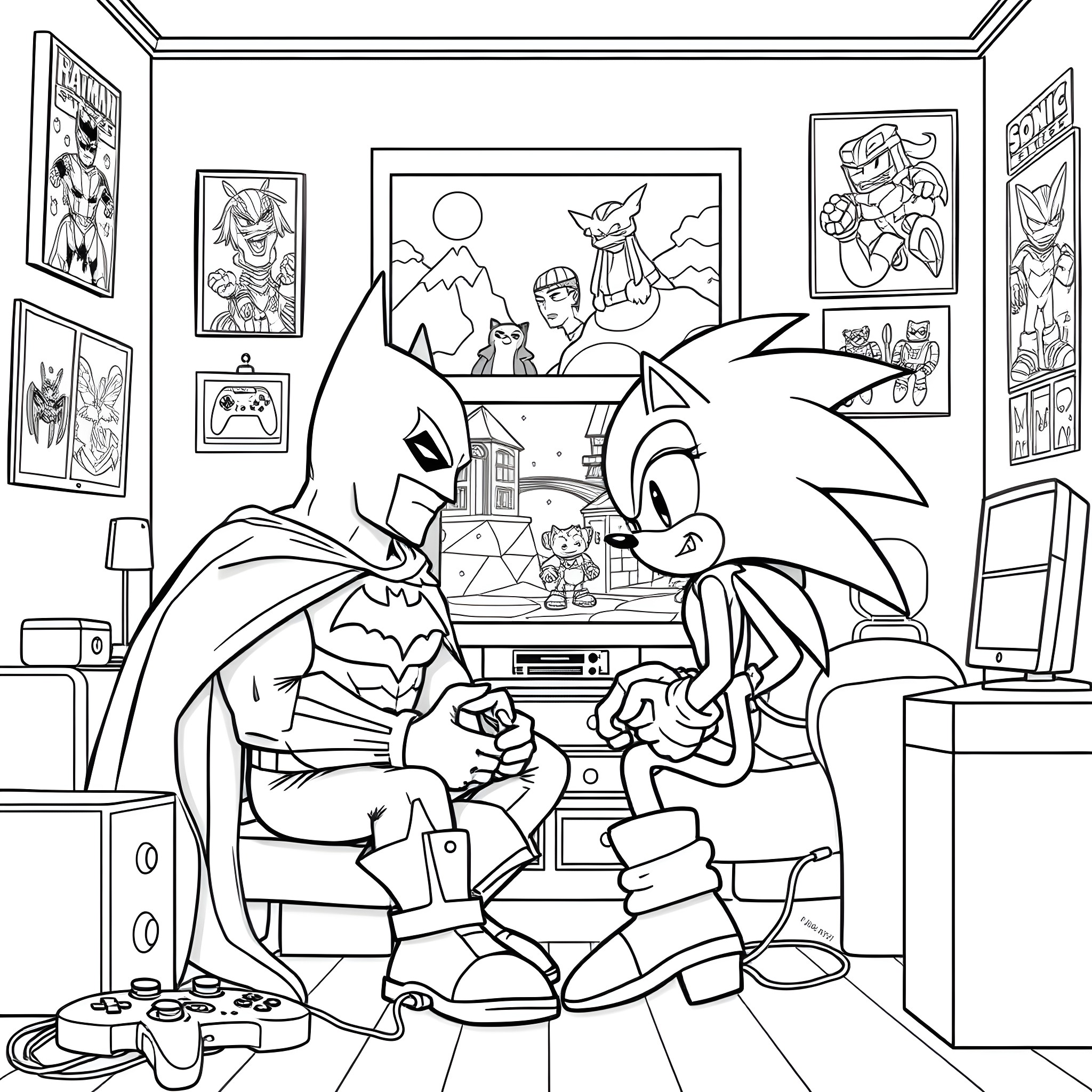 Batman and Sonic the Hedgehog playing video games together Coloring Page (free black-and-white line drawing printable PDF for all, from beginners to advanced learners, including children, teens, adults, and seniors)