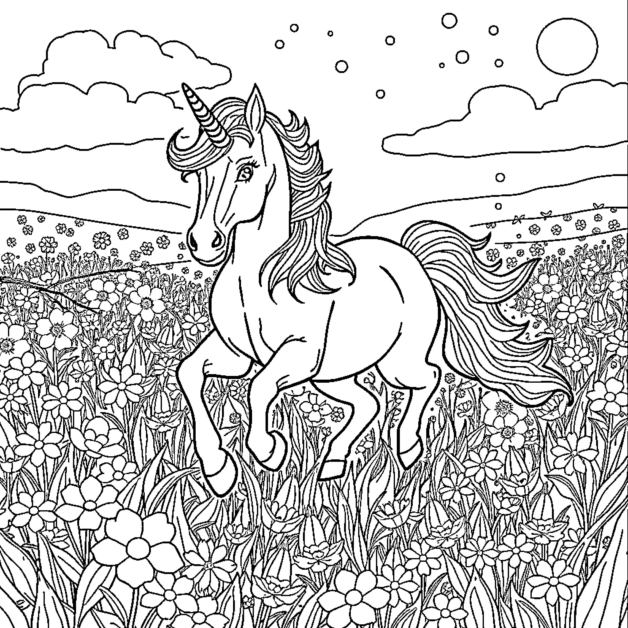Unicorn galloping through a blooming meadow Coloring Page (free black-and-white line drawing printable PDF for all, from beginners to advanced learners, including children, teens, adults, and seniors)
