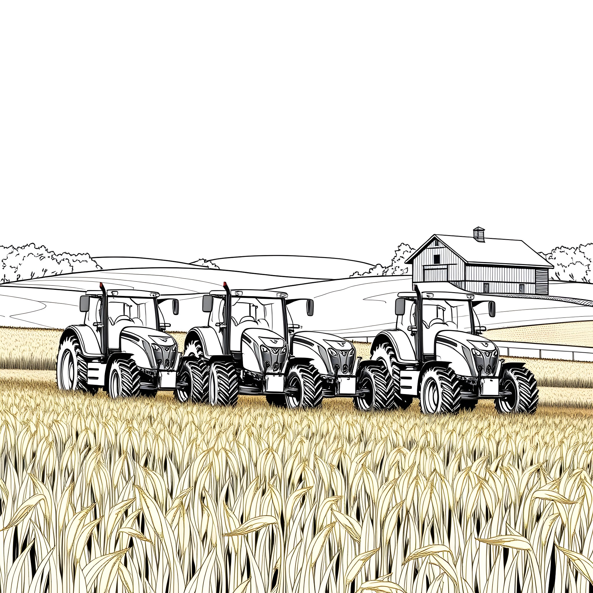 Tractor Lineup in the Grain Field Coloring Page (free black-and-white line drawing printable PDF for all, from beginners to advanced learners, including children, teens, adults, and seniors)