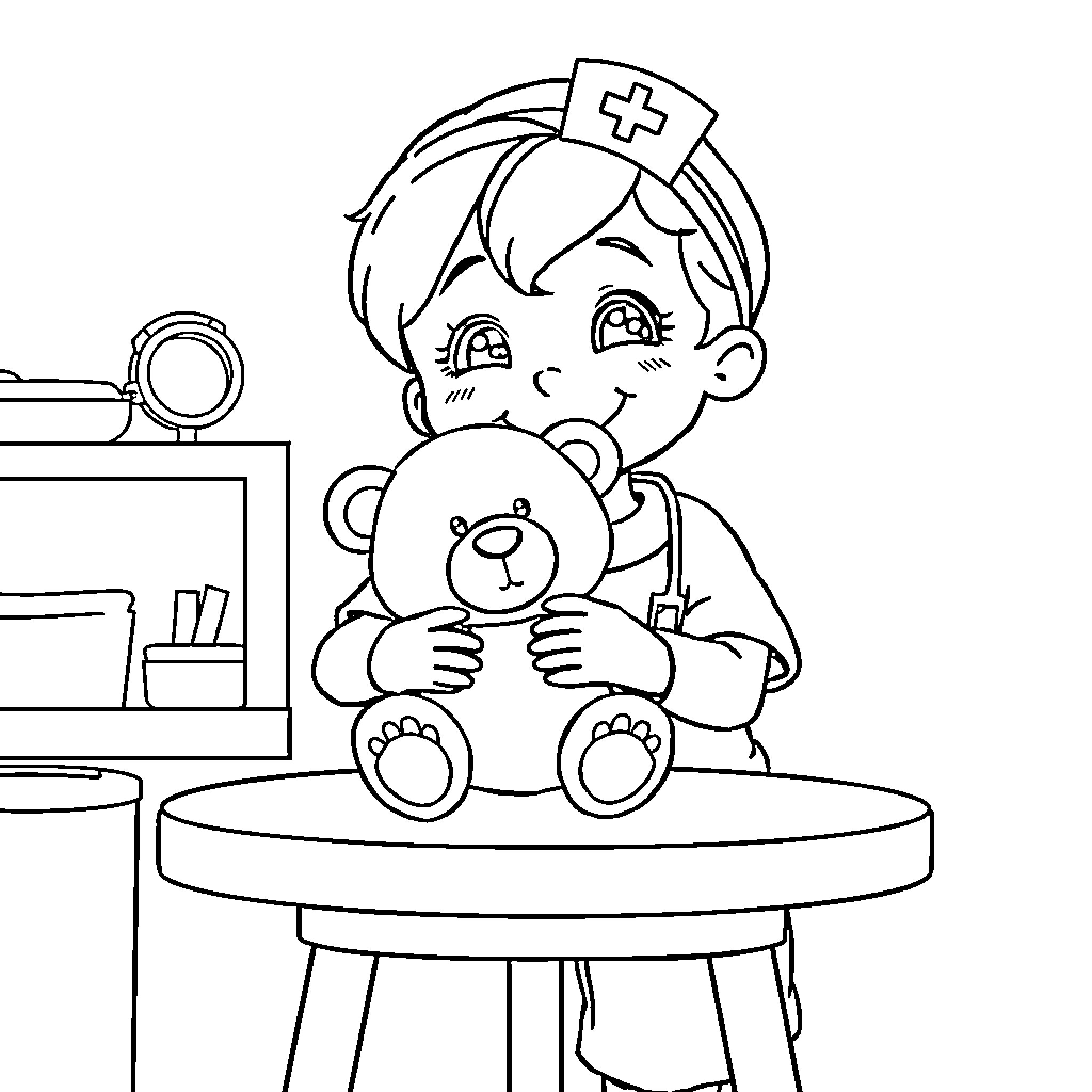 Nurse comforting child with a teddy bear Coloring Page (free black-and-white line drawing printable PDF for all, from beginners to advanced learners, including children, teens, adults, and seniors)