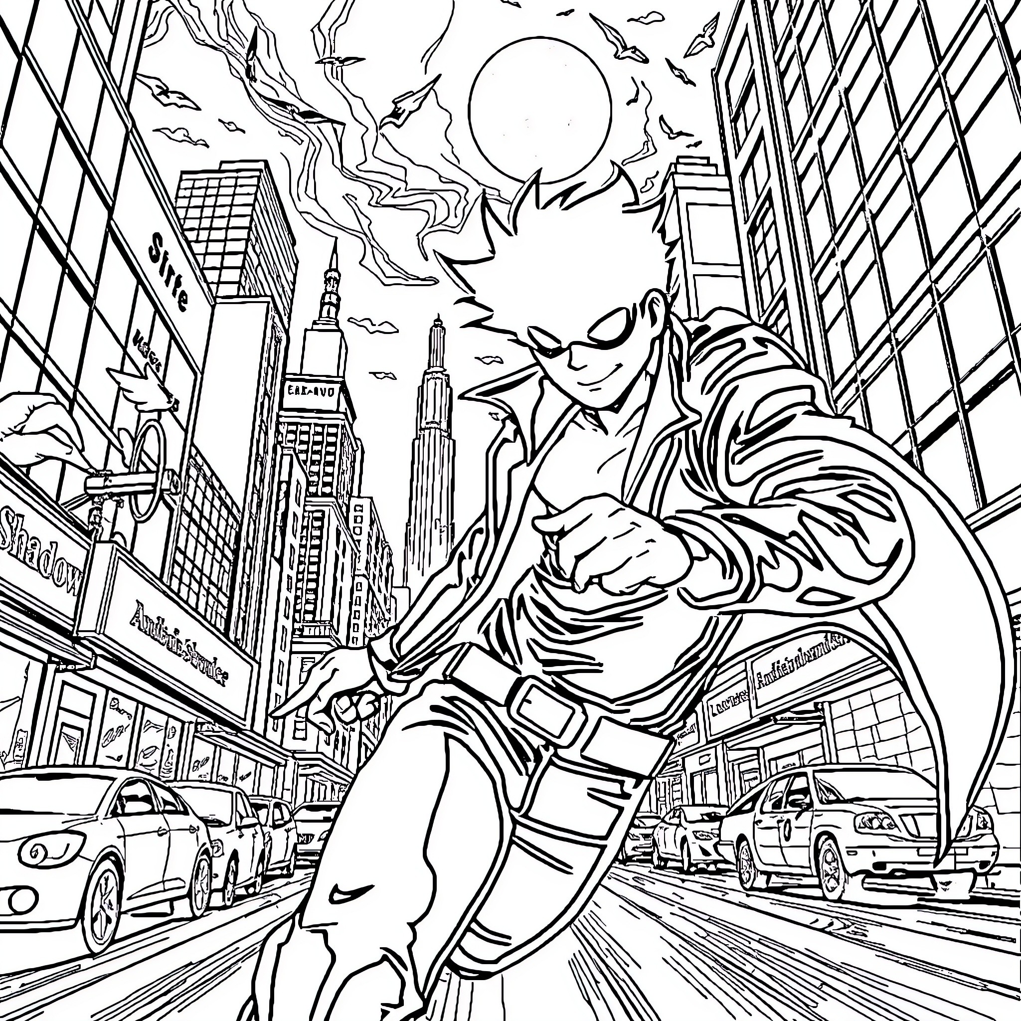 Shadow of a heroic figure in a bustling city Coloring Page (free black-and-white line drawing printable PDF for all, from beginners to advanced learners, including children, teens, adults, and seniors)