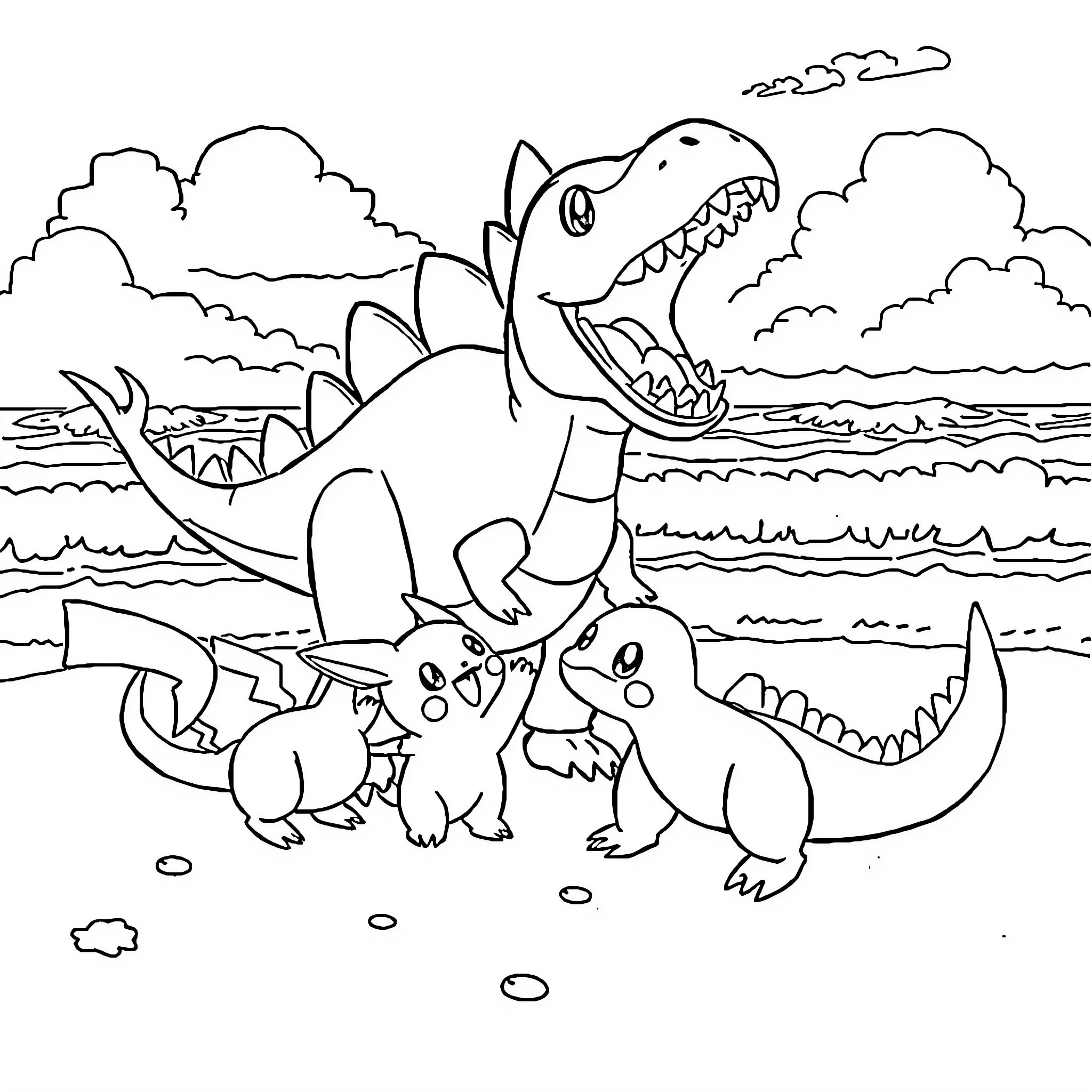Pokémon dinosaurs playing together in the wild Coloring Page (free black-and-white line drawing printable PDF for all, from beginners to advanced learners, including children, teens, adults, and seniors)