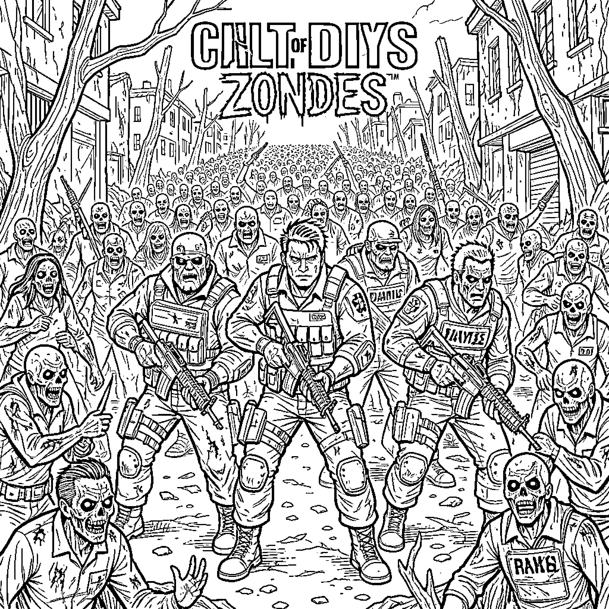 Zombie soldiers advancing with weapons in a city street Coloring Page (free black-and-white line drawing printable PDF for all, from beginners to advanced learners, including children, teens, adults, and seniors)