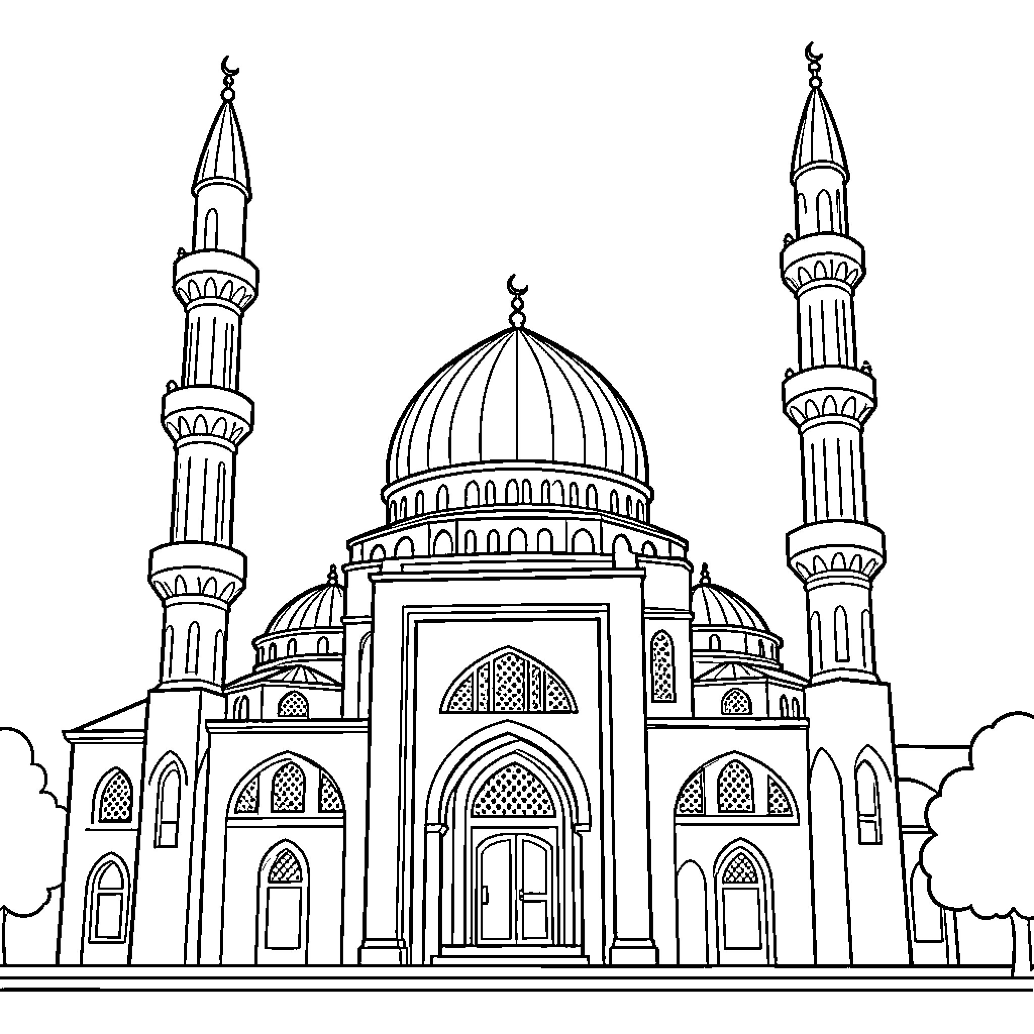 Mosque standing majestically with tall minarets and domes Coloring Page (free black-and-white line drawing printable PDF for all, from beginners to advanced learners, including children, teens, adults, and seniors)