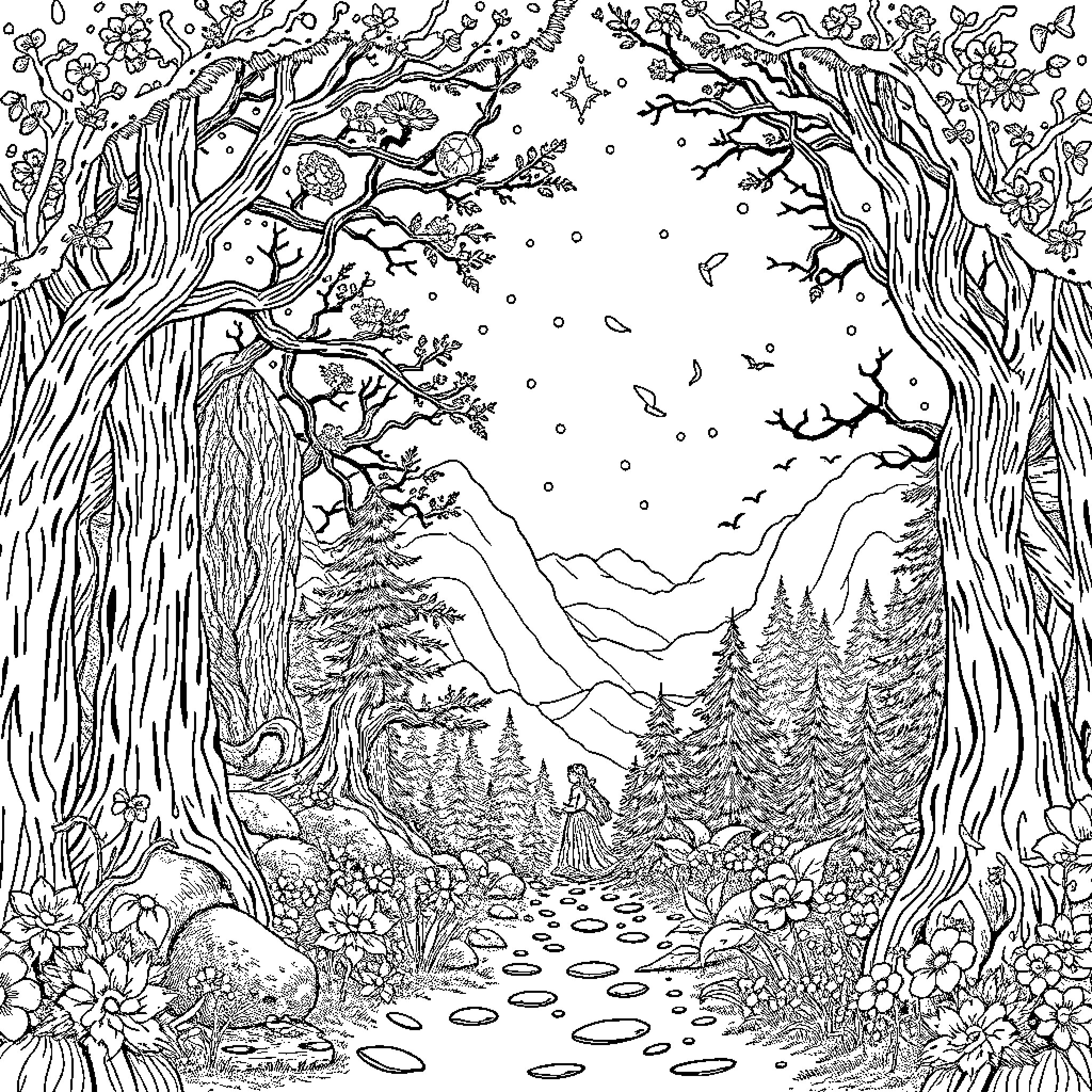 Romantasy Fairytale Woodland Enchantment Coloring Page (free black-and-white line drawing printable PDF for all, from beginners to advanced learners, including children, teens, adults, and seniors)