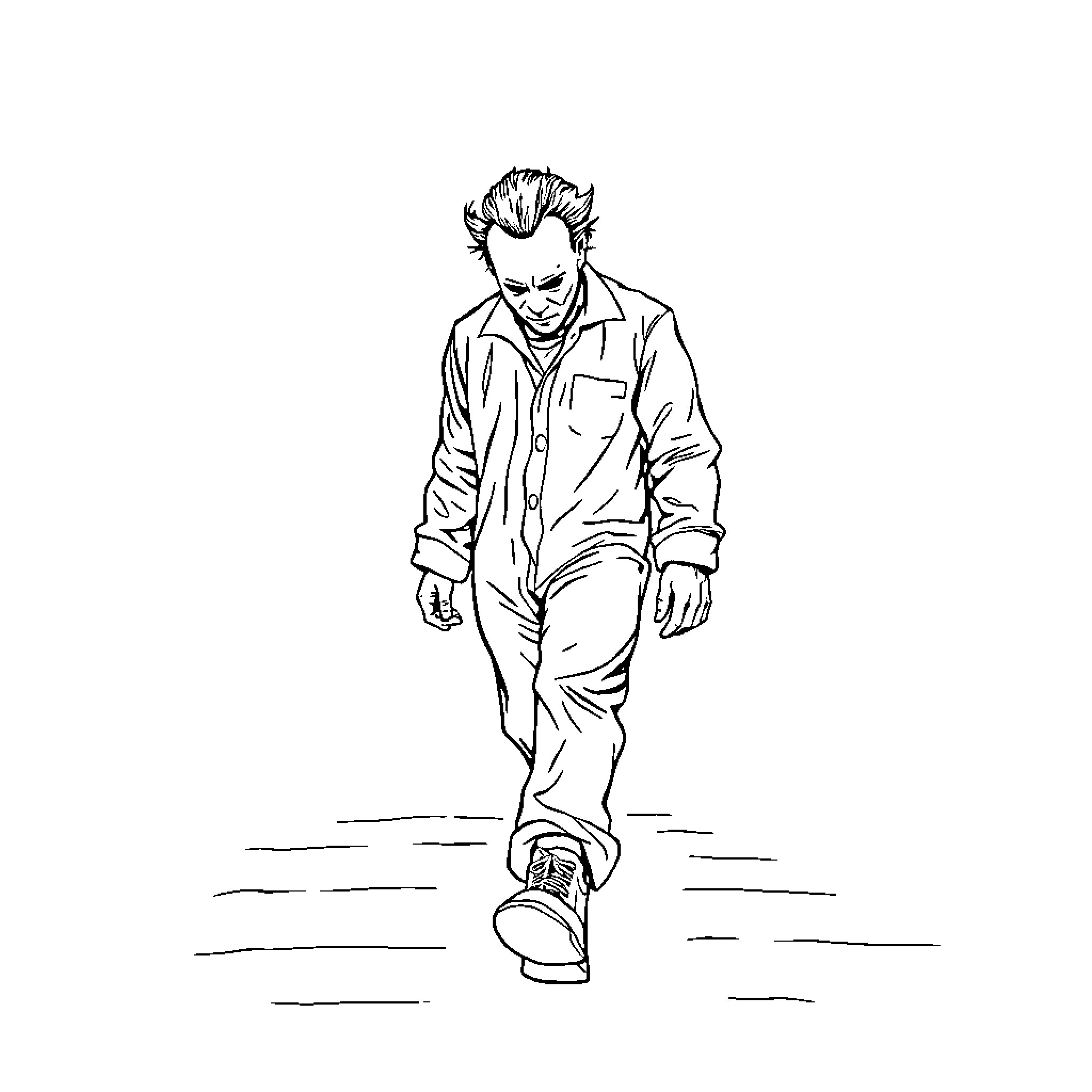 Michael Myers strolling with menacing presence Coloring Page (free black-and-white line drawing printable PDF for all, from beginners to advanced learners, including children, teens, adults, and seniors)