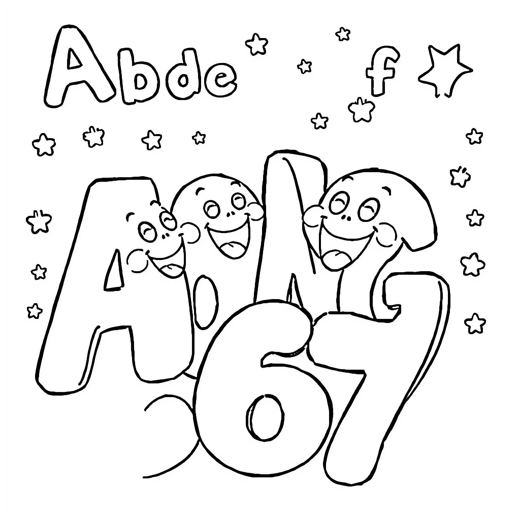 Number Playful Cartoon Characters and Stars Coloring Page (free black-and-white line drawing printable PDF for all, from beginners to advanced learners, including children, teens, adults, and seniors)