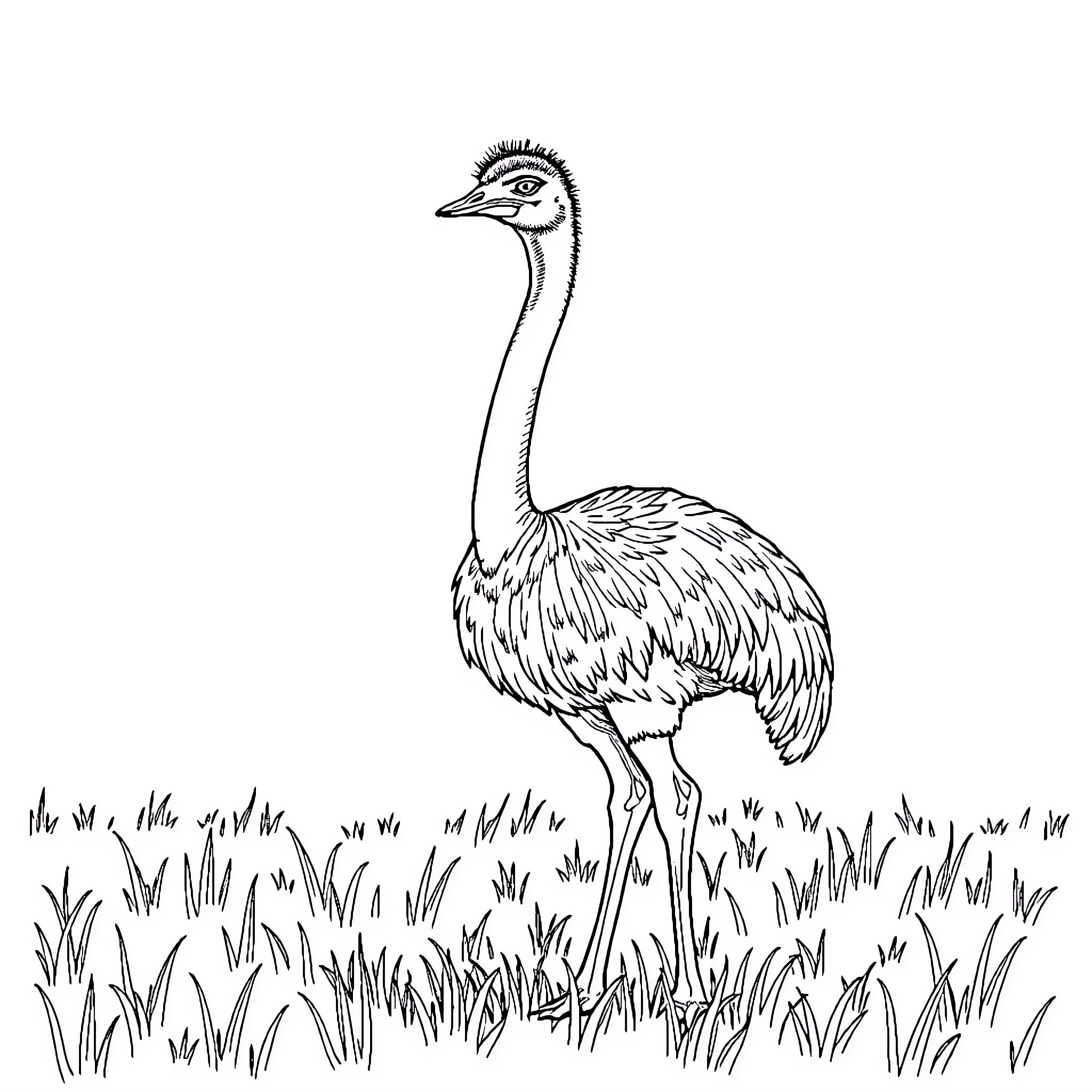 Ostrich standing in grassy field Coloring Page (free black-and-white line drawing printable PDF for all, from beginners to advanced learners, including children, teens, adults, and seniors)