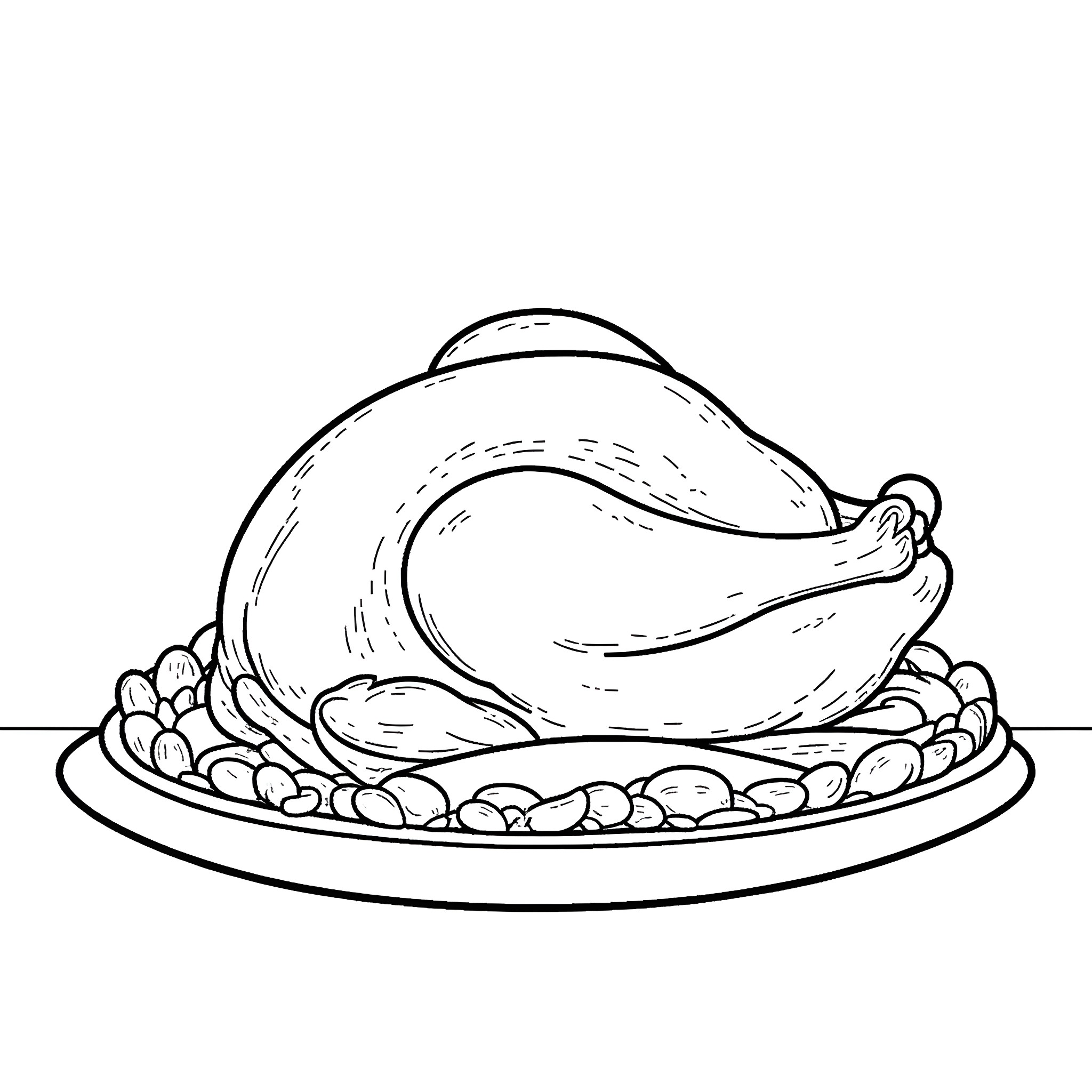 Chicken roasted and served on a platter Coloring Page (free black-and-white line drawing printable PDF for all, from beginners to advanced learners, including children, teens, adults, and seniors)