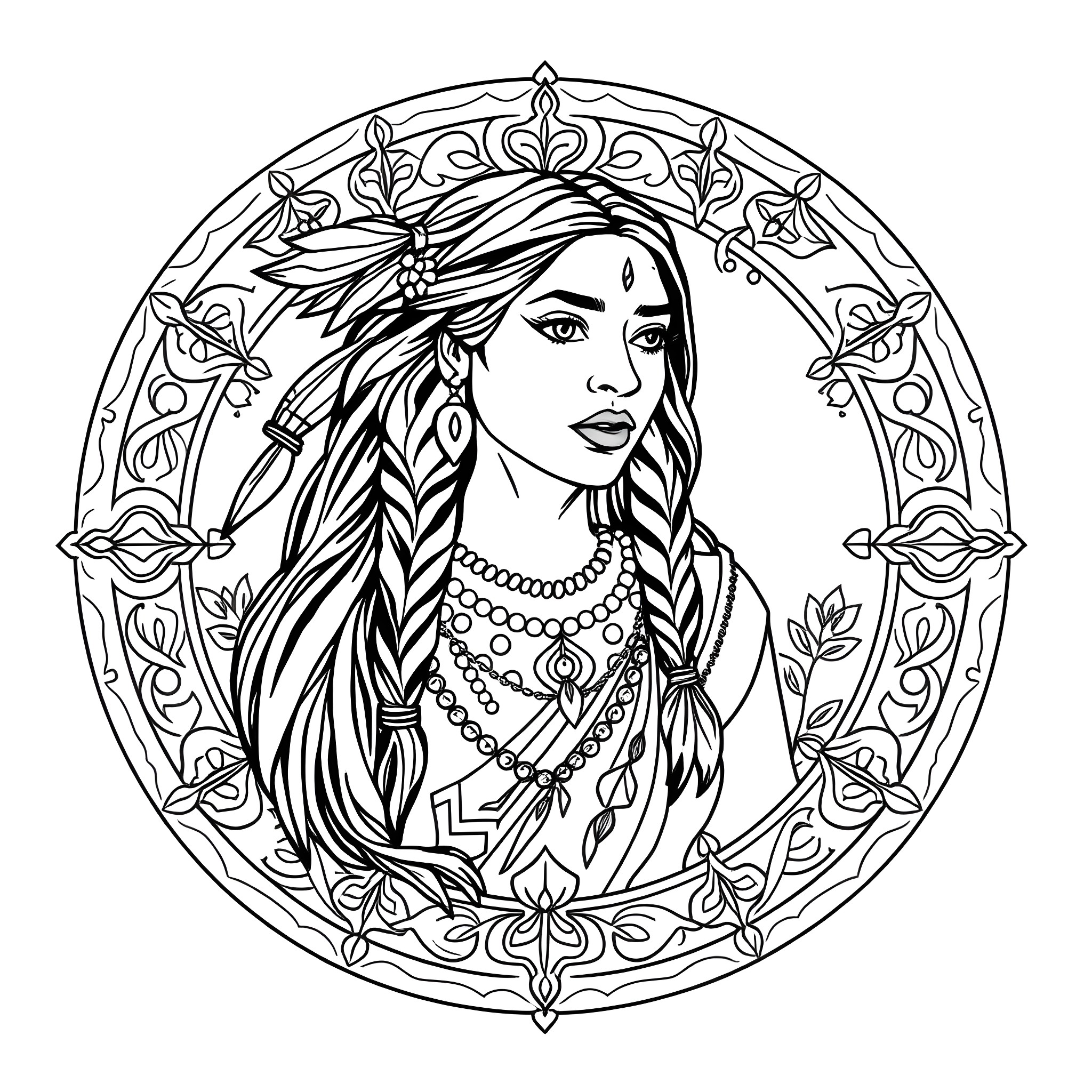 Pocahontas in an Intricate Floral Frame Coloring Page (free black-and-white line drawing printable PDF for all, from beginners to advanced learners, including children, teens, adults, and seniors)