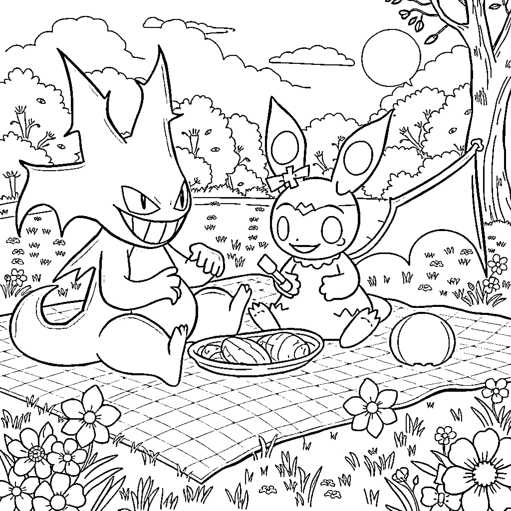 Gengar and Friends Enjoy Outdoor Picnic Coloring Page (free black-and-white line drawing printable PDF for all, from beginners to advanced learners, including children, teens, adults, and seniors)