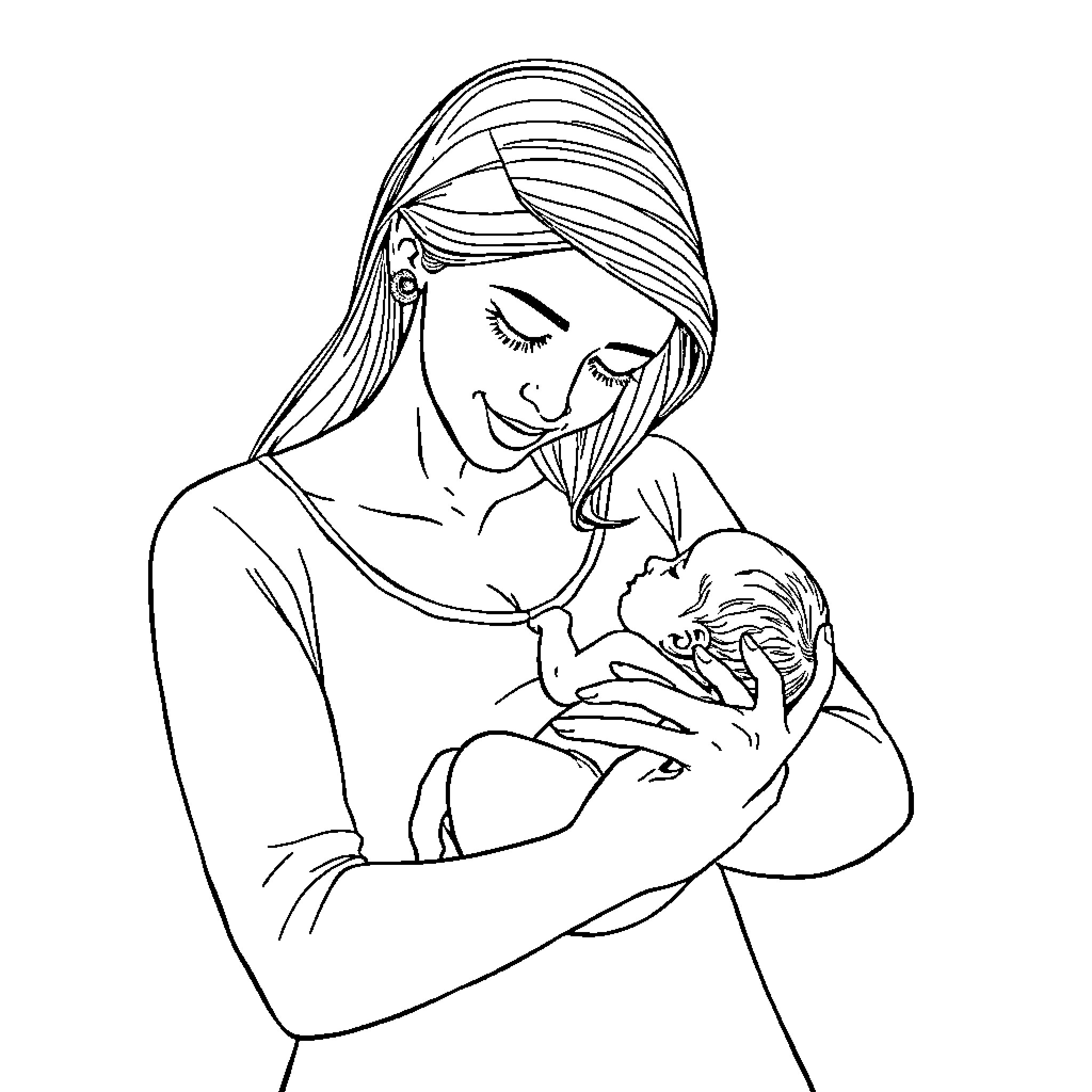 Mother Tenderly Embracing Newborn Baby Coloring Page (free black-and-white line drawing printable PDF for all, from beginners to advanced learners, including children, teens, adults, and seniors)