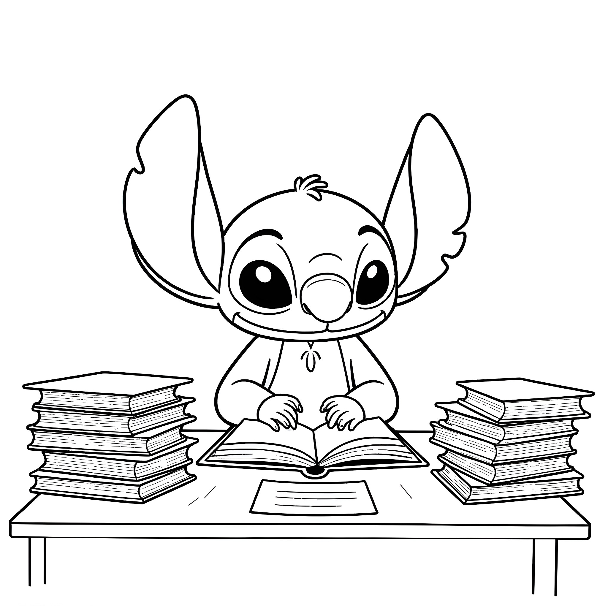 Stitch reading books on desk Coloring Page (free black-and-white line drawing printable PDF for all, from beginners to advanced learners, including children, teens, adults, and seniors)