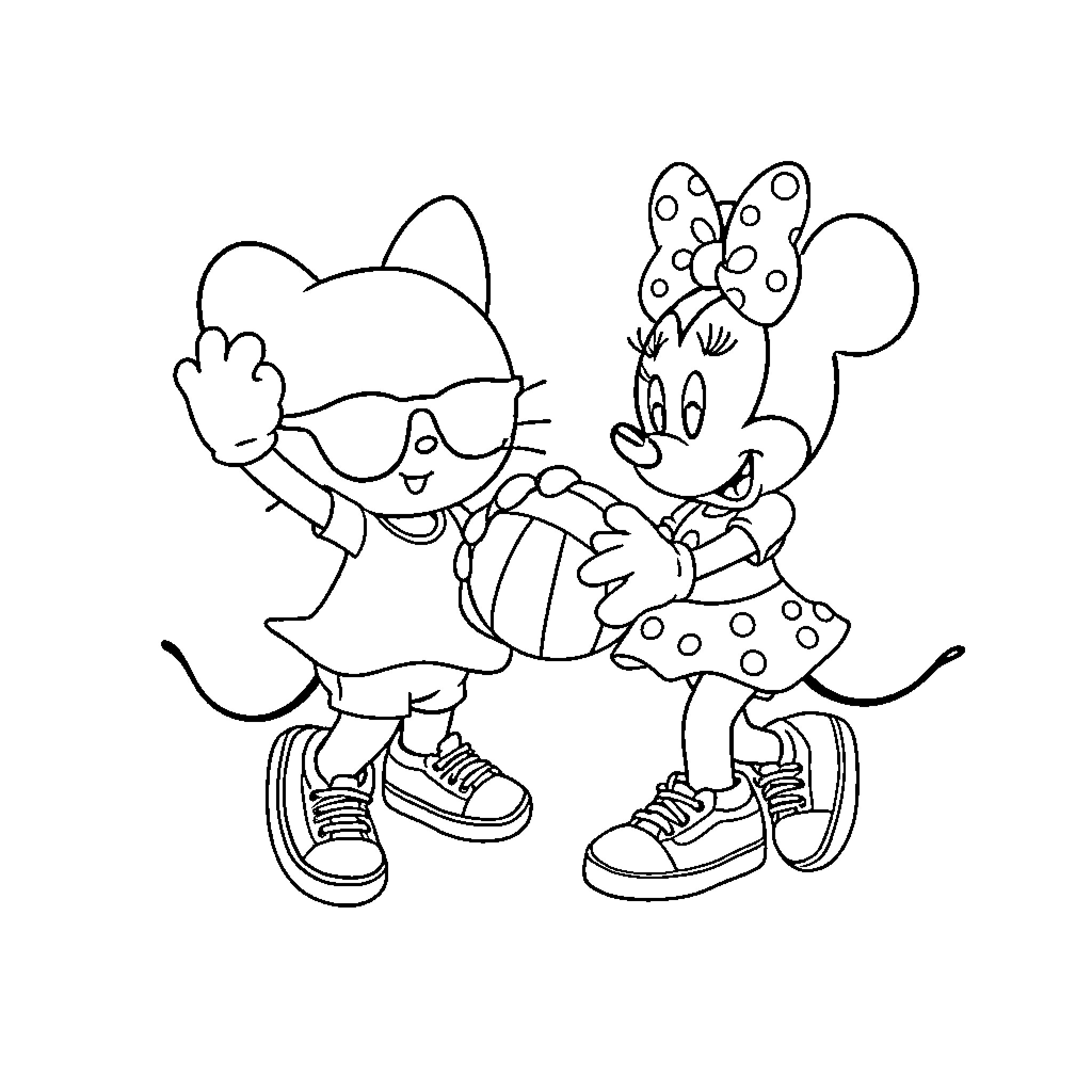 Hello Kitty and Minnie Mouse playing together happily Coloring Page (free black-and-white line drawing printable PDF for all, from beginners to advanced learners, including children, teens, adults, and seniors)