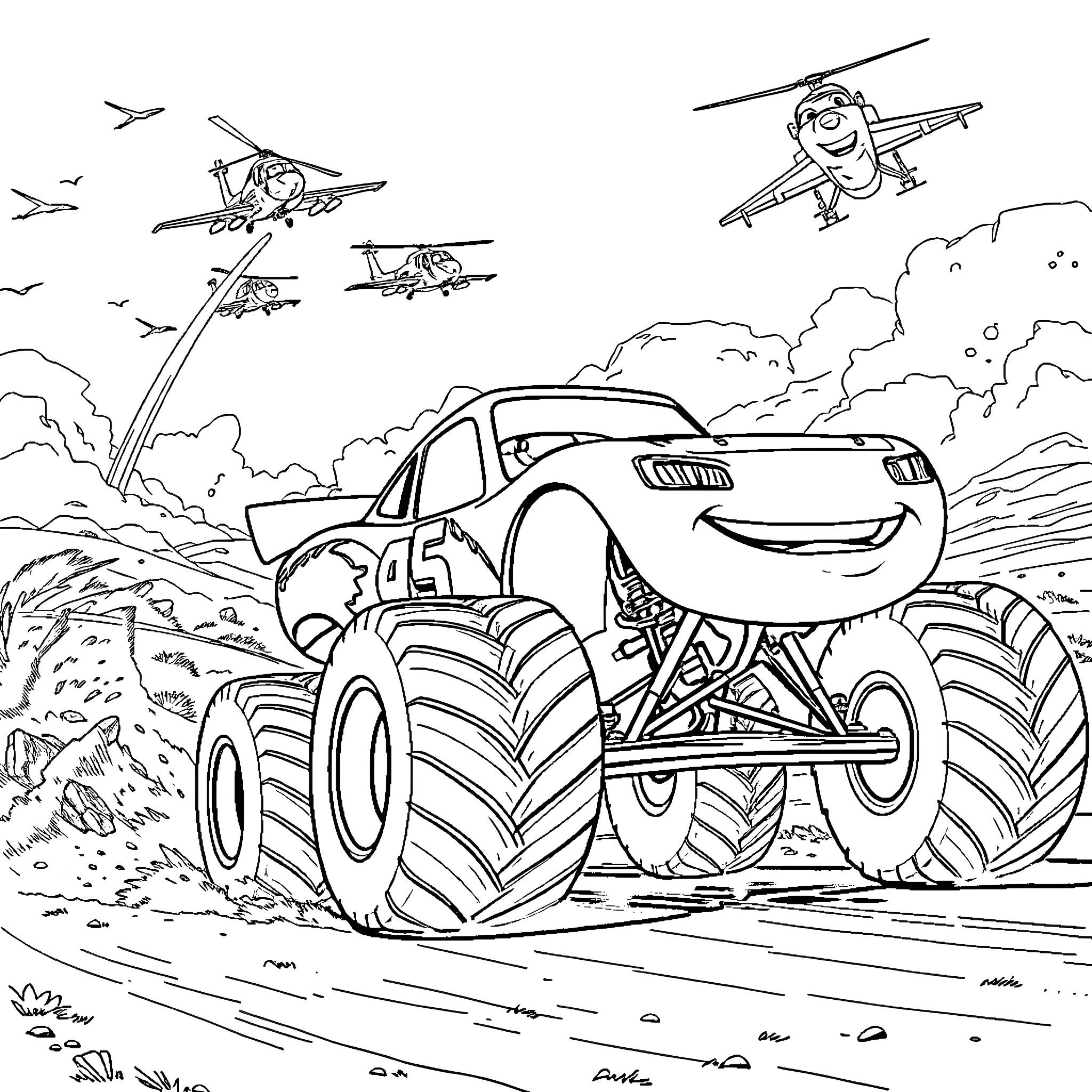 Lightning McQueen's Monster Truck Adventure Coloring Page (free black-and-white line drawing printable PDF for all, from beginners to advanced learners, including children, teens, adults, and seniors)