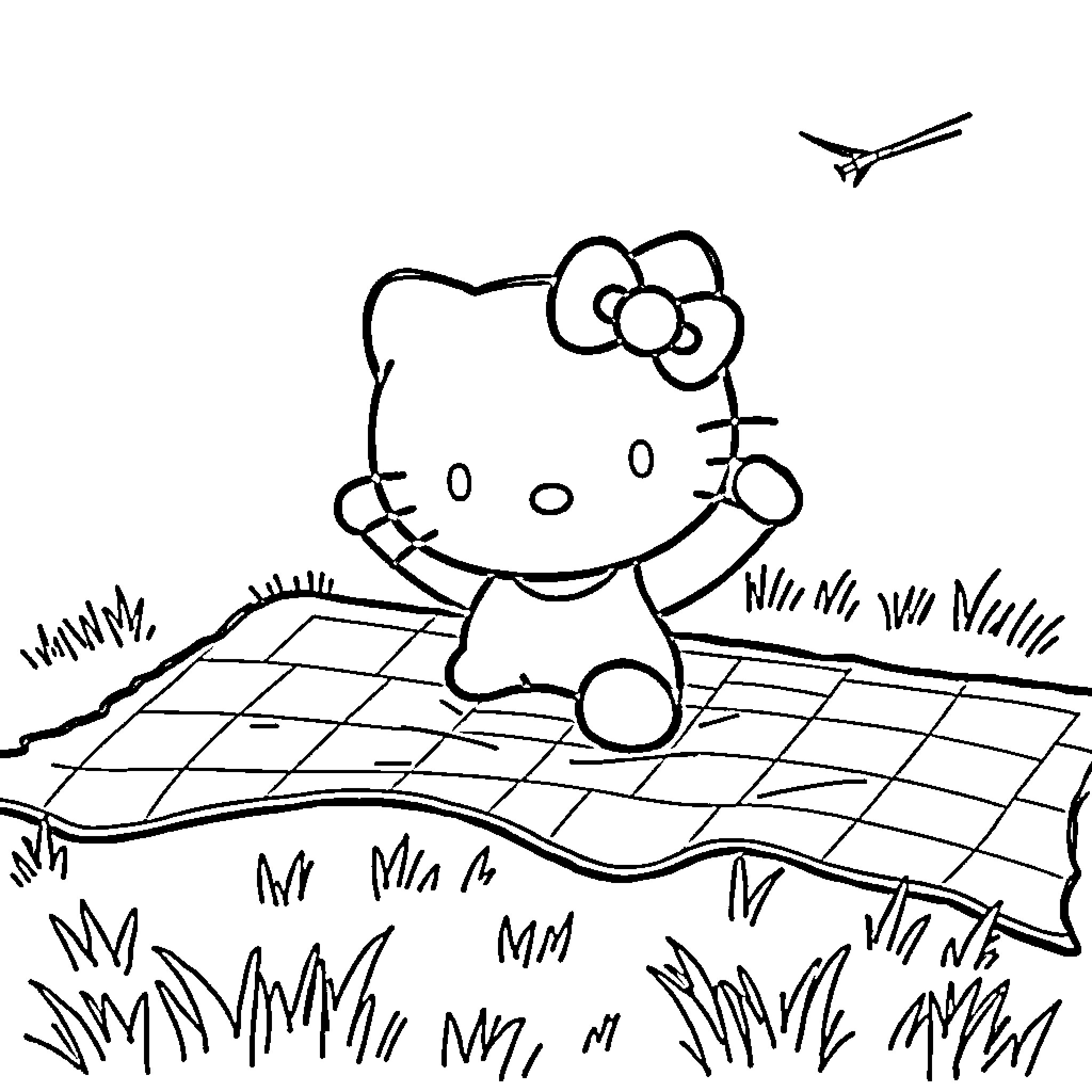 Hello Kitty enjoying a sunny day outdoors Coloring Page (free black-and-white line drawing printable PDF for all, from beginners to advanced learners, including children, teens, adults, and seniors)