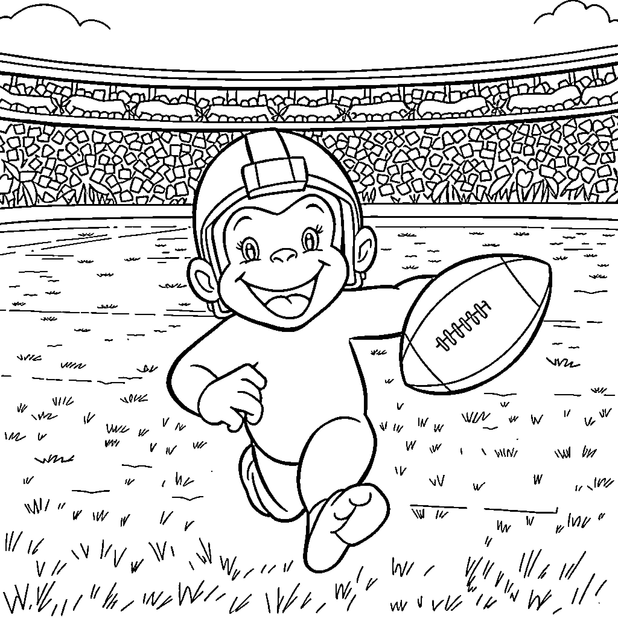 Curious George Playing Football in the Stadium Coloring Page (free black-and-white line drawing printable PDF for all, from beginners to advanced learners, including children, teens, adults, and seniors)