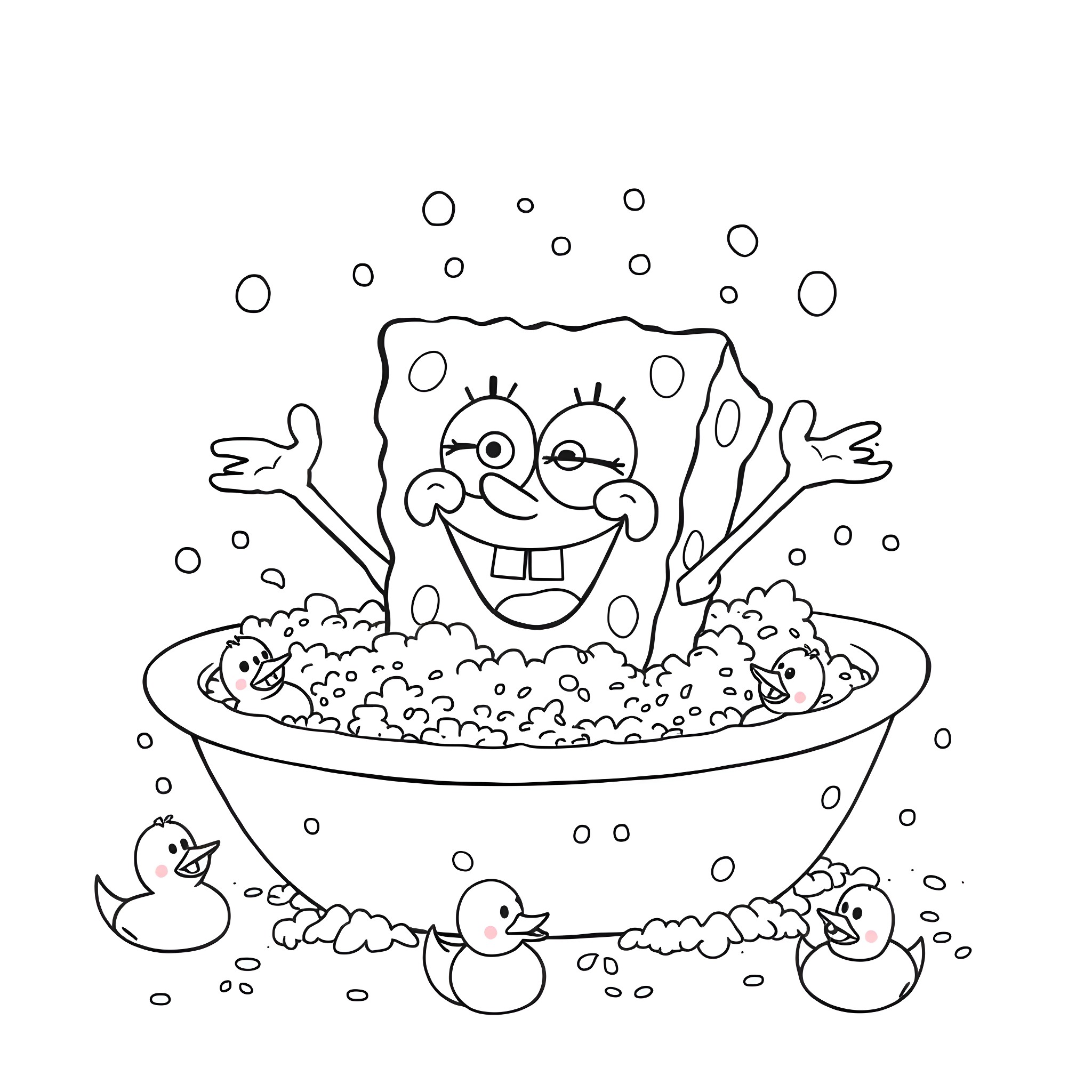 Spongebob having fun in a bubble bath with rubber duckies Coloring Page (free black-and-white line drawing printable PDF for all, from beginners to advanced learners, including children, teens, adults, and seniors)
